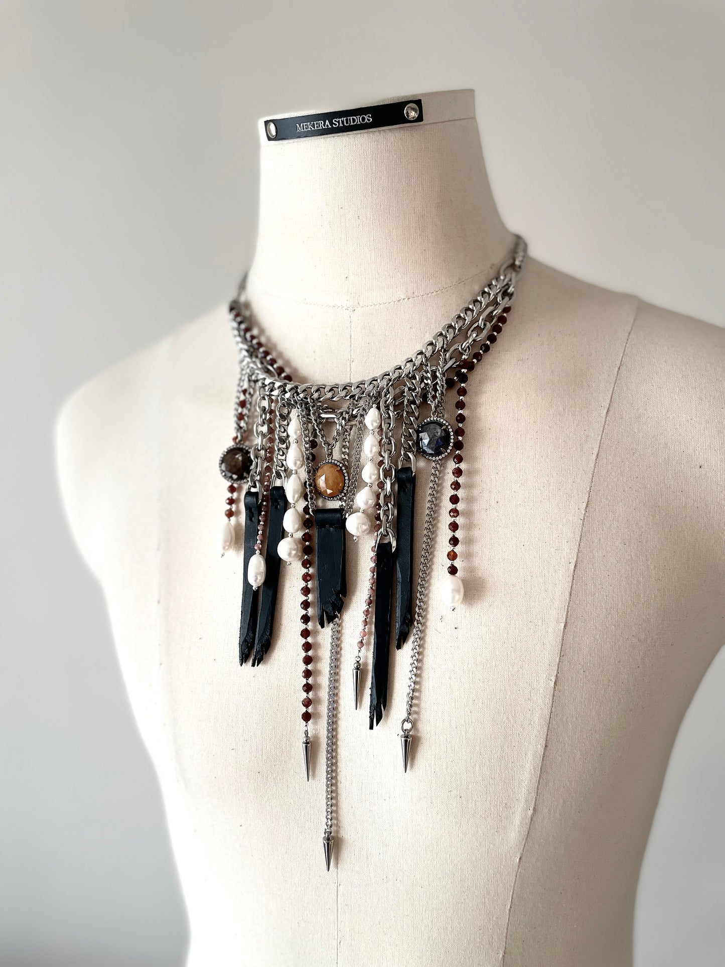 Wings8 - SOAR collection Sapphire Pearl Spike Leather  Necklace Limited Edition Handcrafted - MEKERA STUDIOS