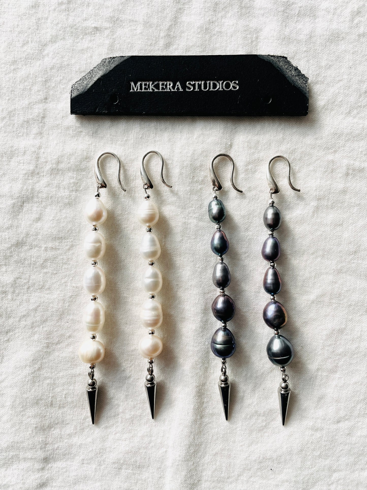 Ear Couture collection Black Pearl Spike earrings long chain drop EC-11 Limited Edition Handcrafted - MEKERA STUDIOS