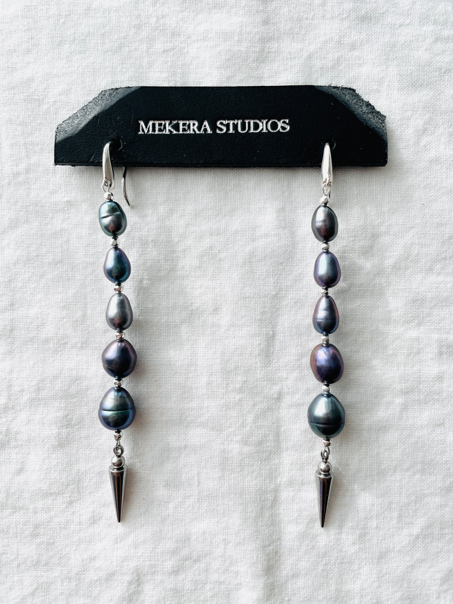 Ear Couture collection Black Pearl Spike earrings long chain drop EC-11 Limited Edition Handcrafted - MEKERA STUDIOS