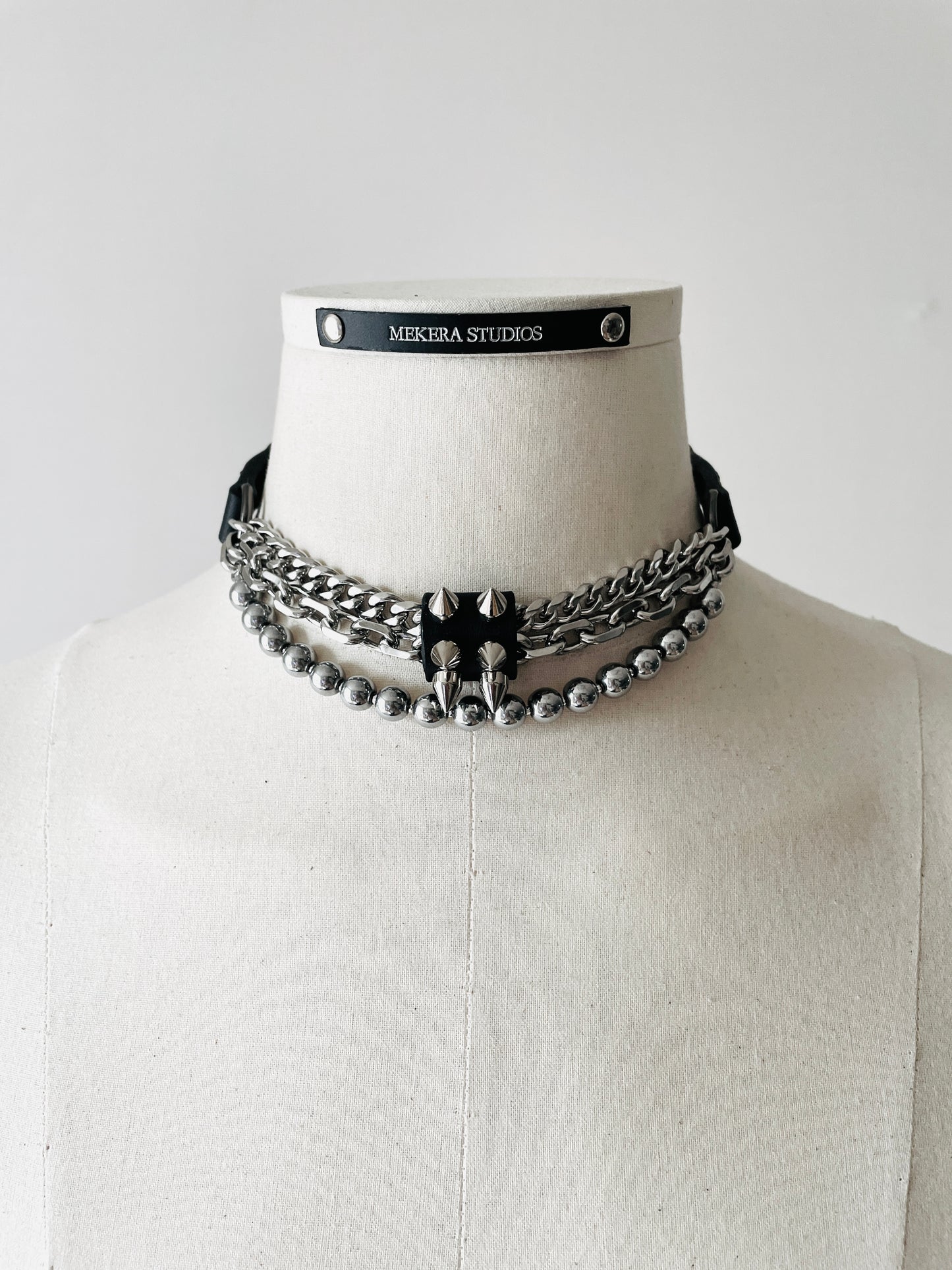 NP2-Silver Stone Leather Spike Choker Limited Edition Handcrafted - MEKERA STUDIOS