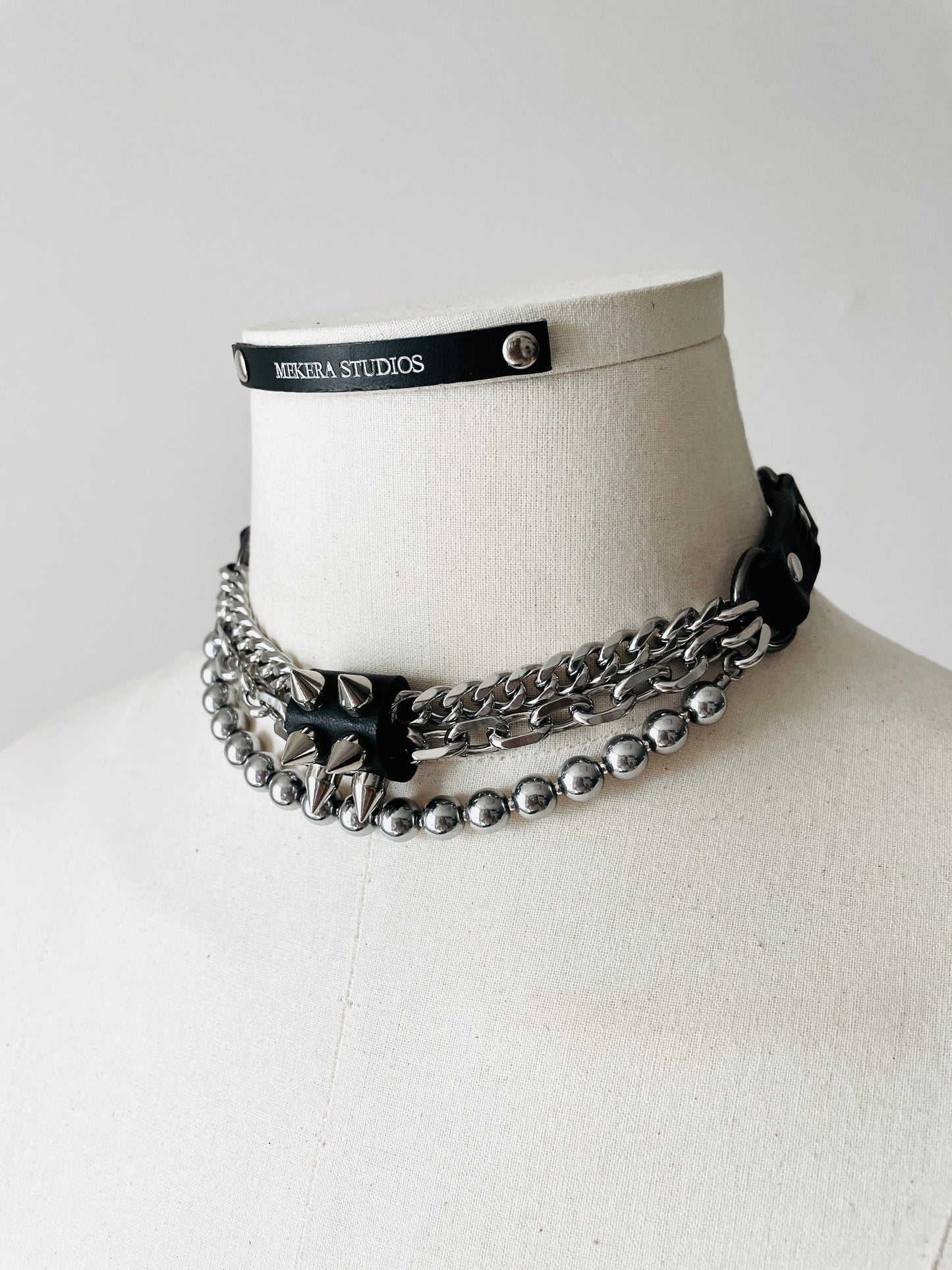 NP2-Silver Stone Leather Spike Choker Limited Edition Handcrafted - MEKERA STUDIOS