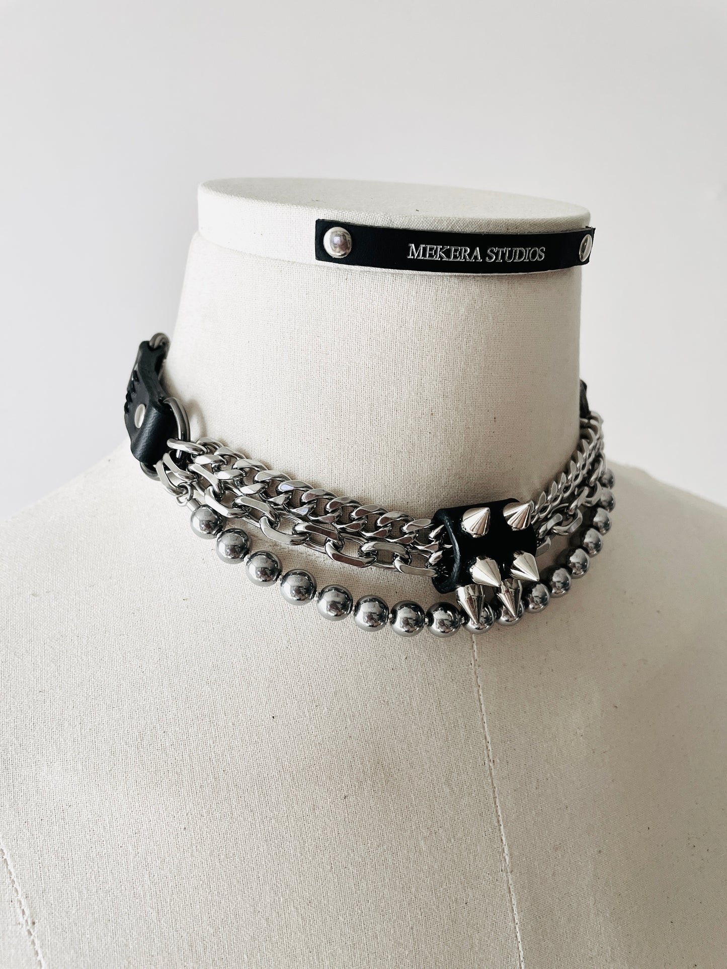 NP2-Silver Stone Leather Spike Choker Limited Edition Handcrafted - MEKERA STUDIOS