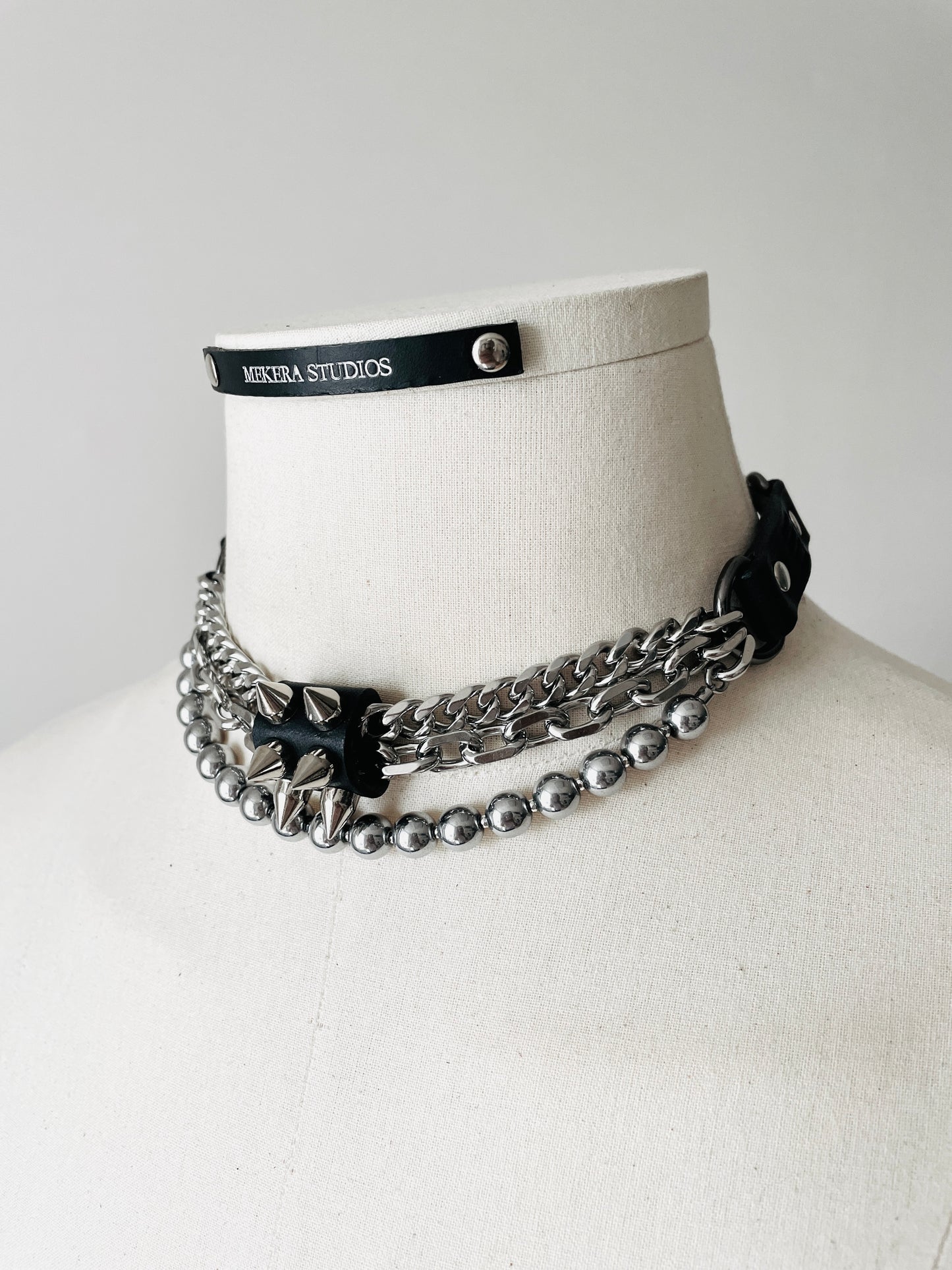 NP2-Silver Stone Leather Spike Choker Limited Edition Handcrafted - MEKERA STUDIOS