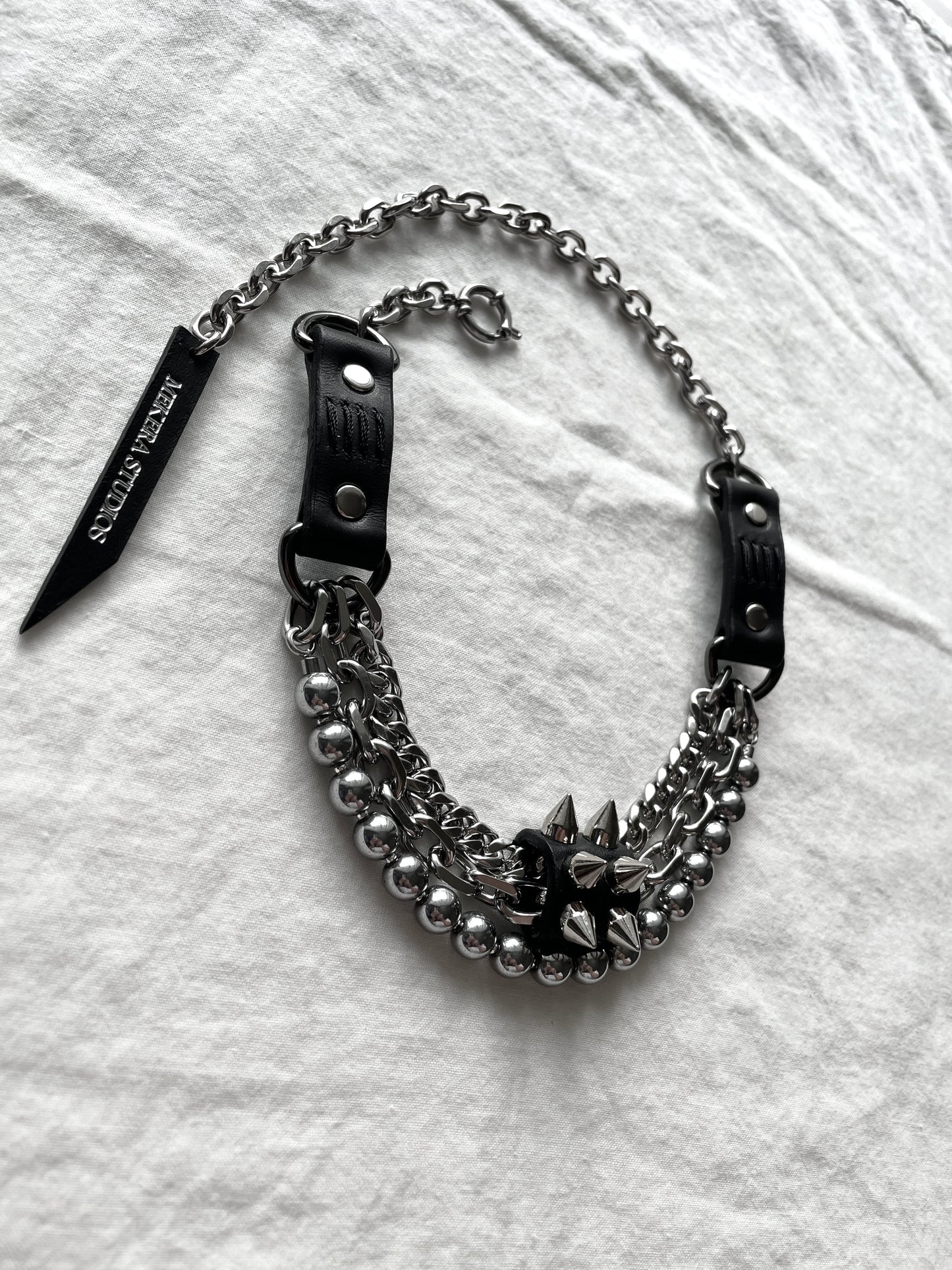 NP2-Silver Stone Leather Spike Choker Limited Edition Handcrafted - MEKERA STUDIOS