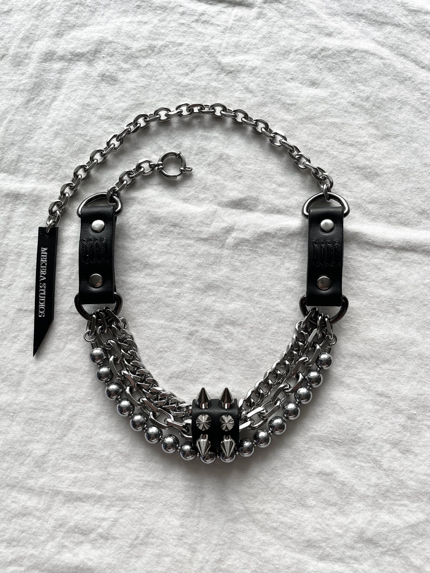 NP2-Silver Stone Leather Spike Choker Limited Edition Handcrafted - MEKERA STUDIOS