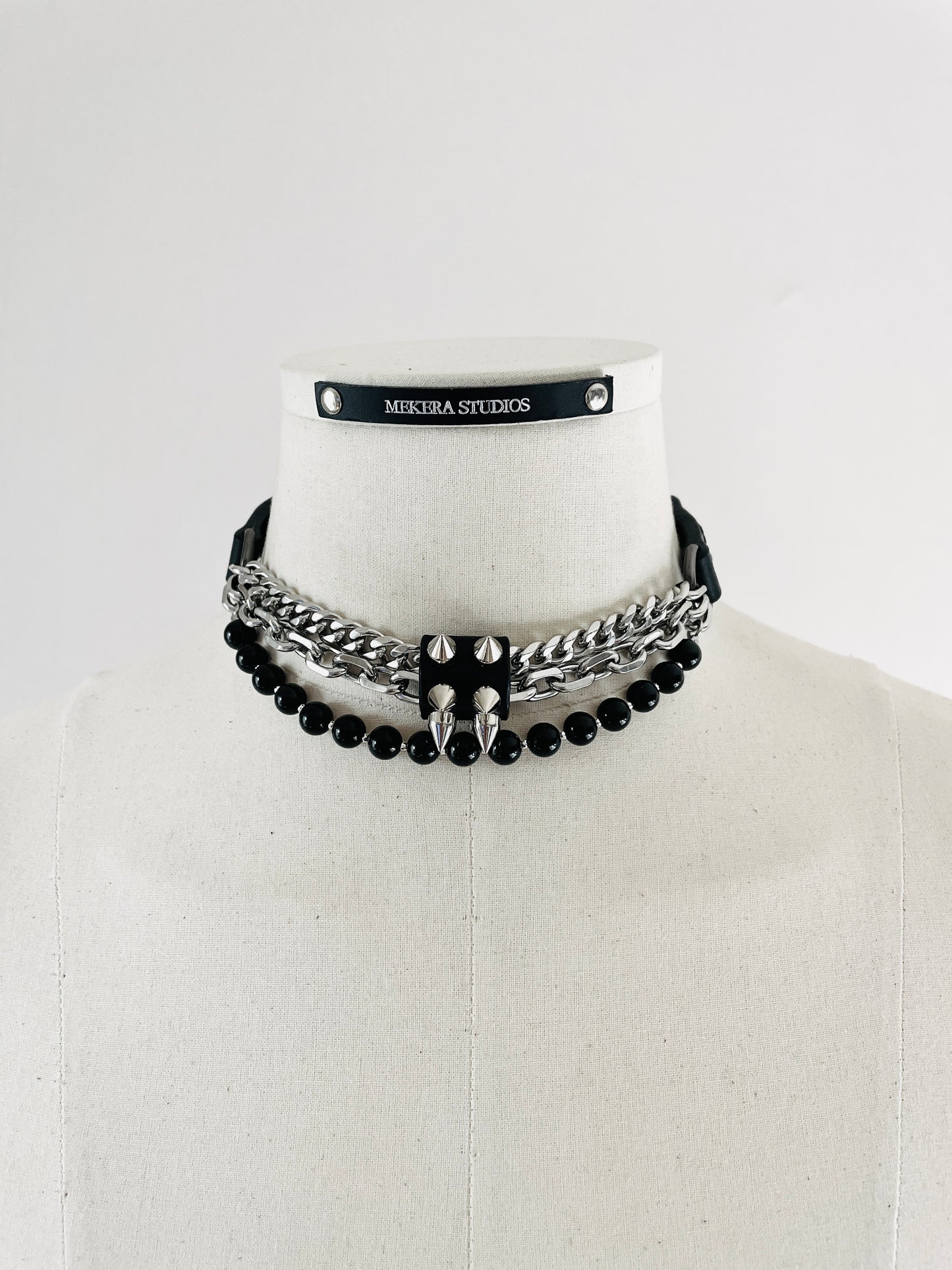 NP2-Onyx Leather Spike Choker Limited Edition Handcrafted - MEKERA STUDIOS