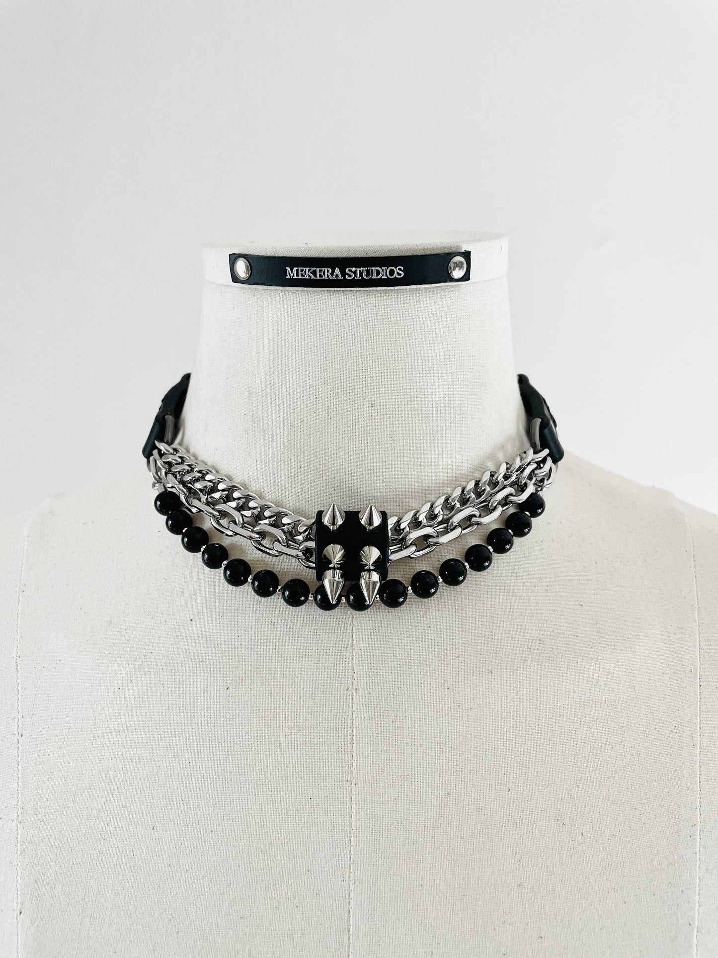 NP2-Onyx Leather Spike Choker Limited Edition Handcrafted - MEKERA STUDIOS