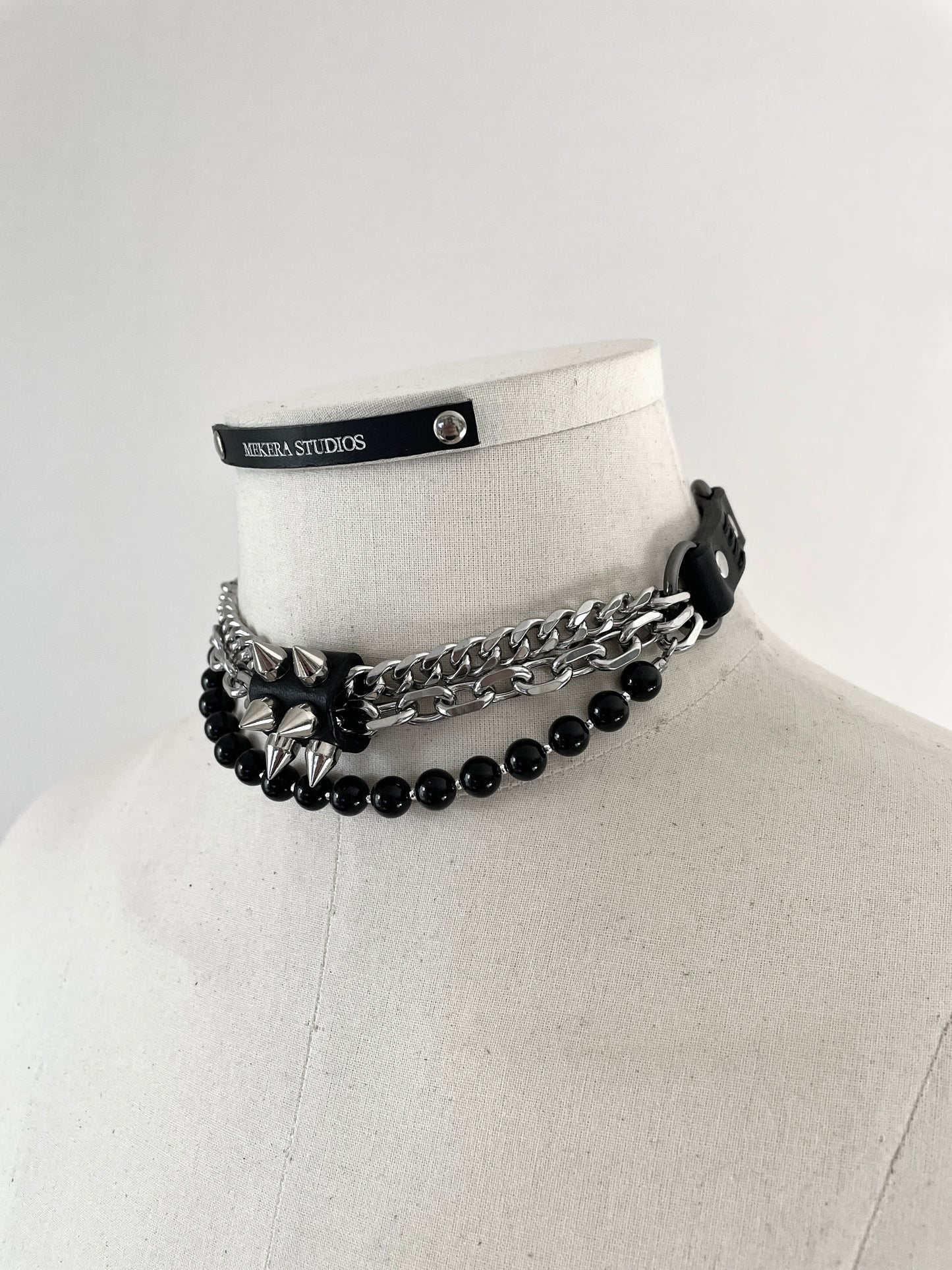 NP2-Onyx Leather Spike Choker Limited Edition Handcrafted - MEKERA STUDIOS