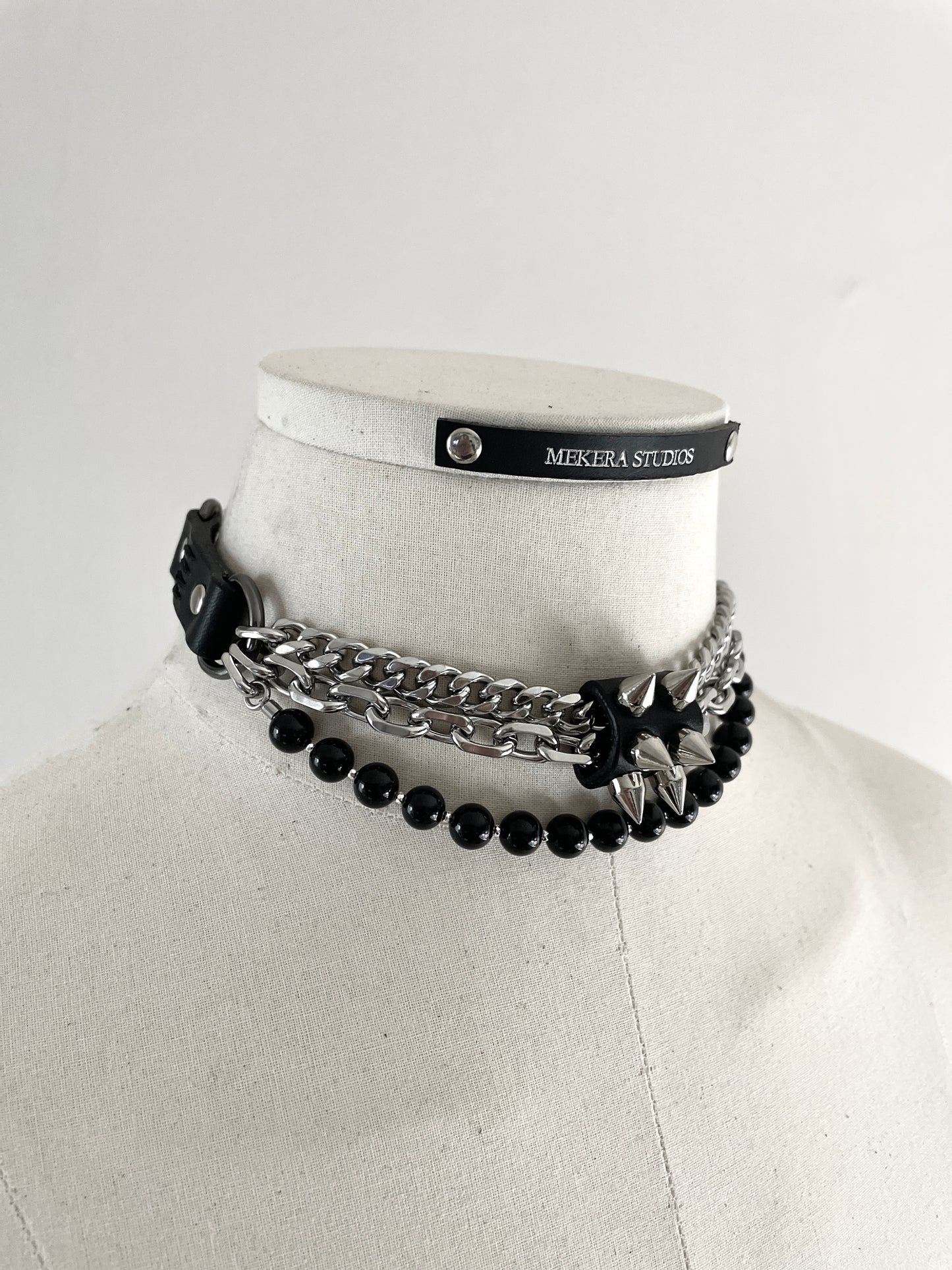 NP2-Onyx Leather Spike Choker Limited Edition Handcrafted - MEKERA STUDIOS