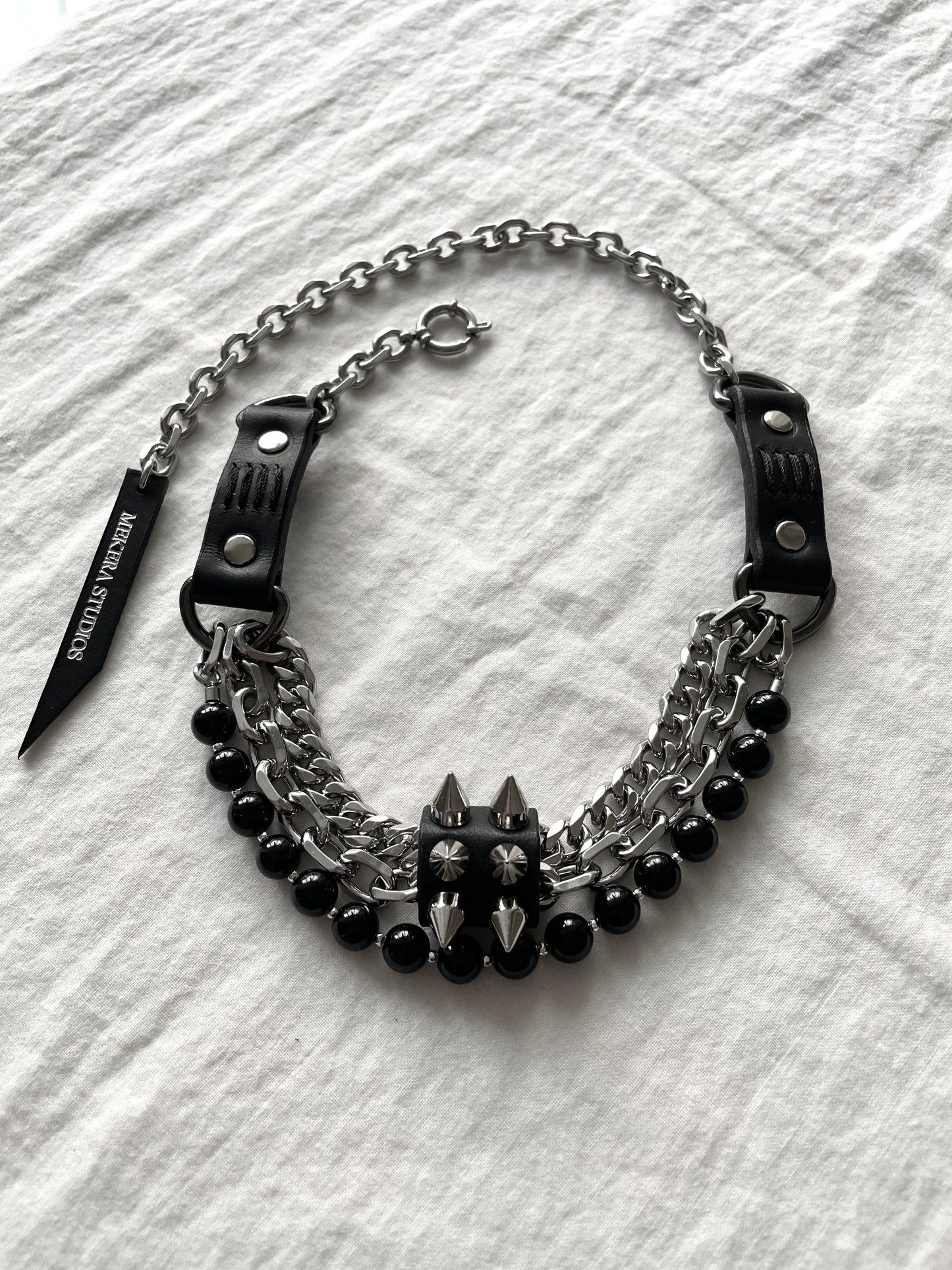 NP2-Onyx Leather Spike Choker Limited Edition Handcrafted - MEKERA STUDIOS