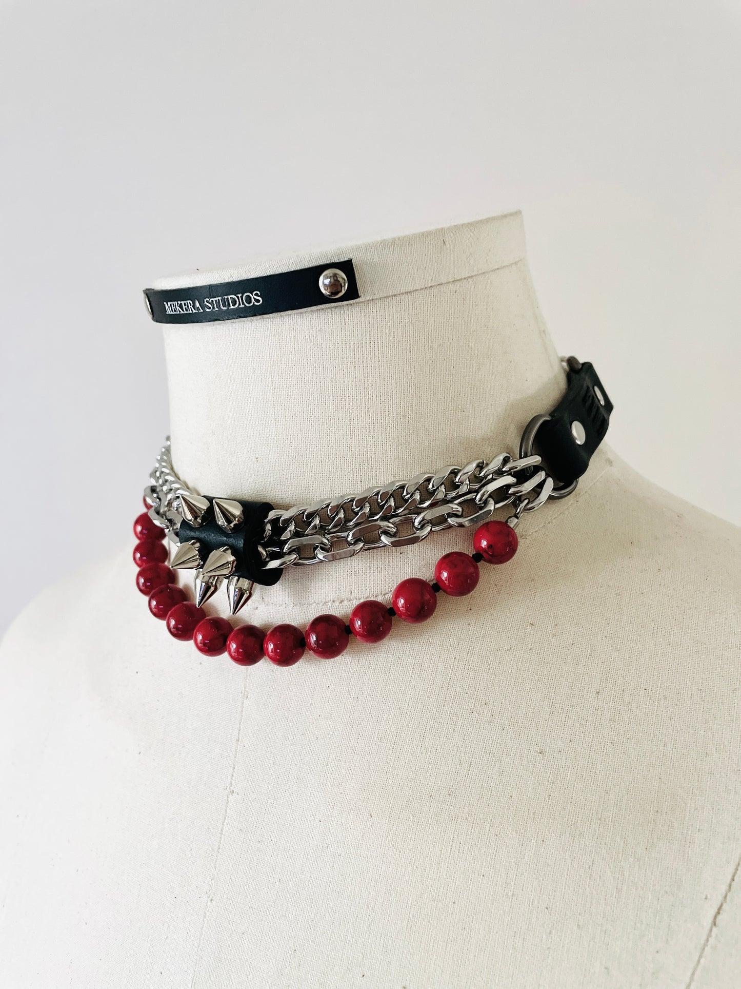 NP3 Leather Spike Choker Red Turquoise Limited Edition Handcrafted For women For men - MEKERA STUDIOS