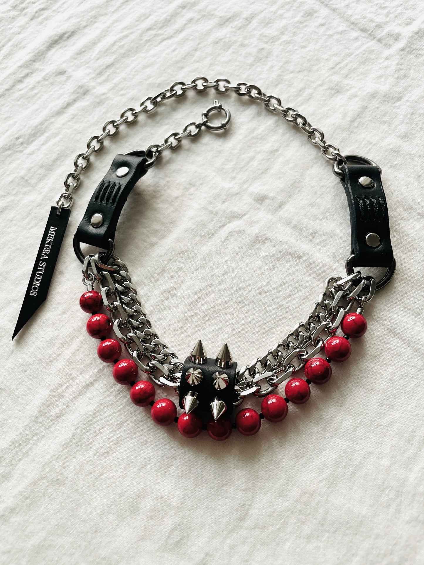 NP3 Leather Spike Choker Red Turquoise Limited Edition Handcrafted For women For men - MEKERA STUDIOS