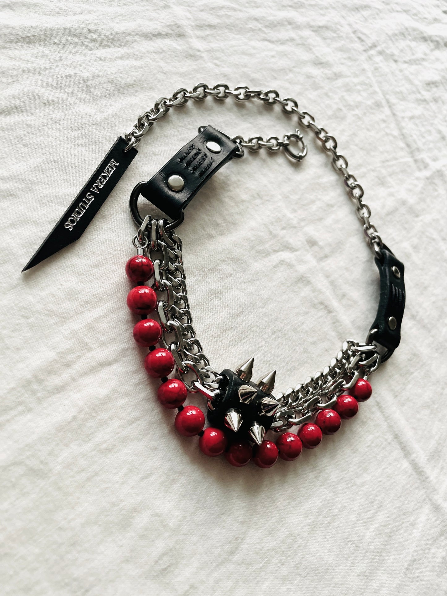 NP3 Leather Spike Choker Red Turquoise Limited Edition Handcrafted For women For men - MEKERA STUDIOS