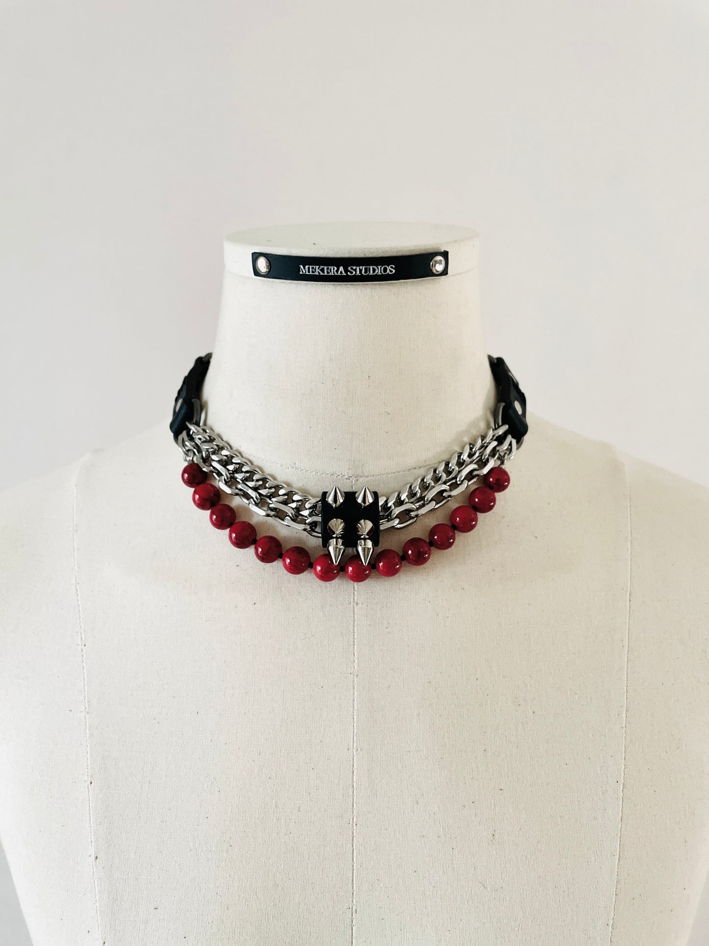 NP3 Leather Spike Choker Red Turquoise Limited Edition Handcrafted For women For men - MEKERA STUDIOS