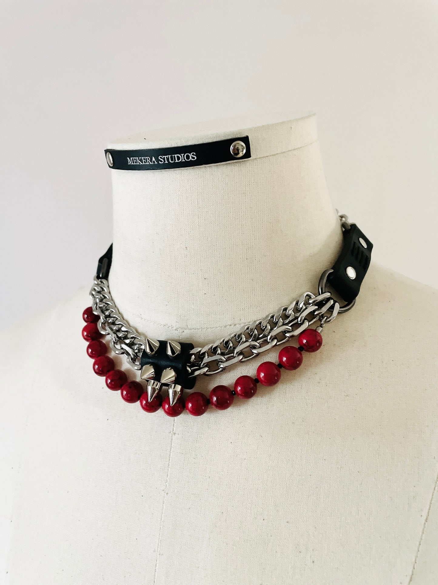 NP3 Leather Spike Choker Red Turquoise Limited Edition Handcrafted For women For men - MEKERA STUDIOS