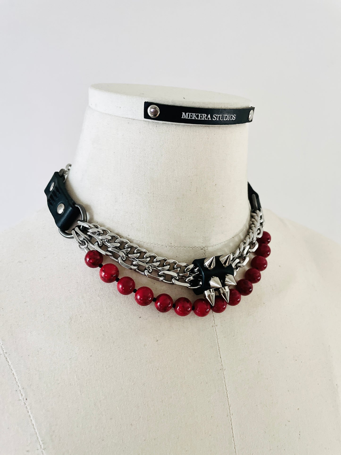 NP3 Leather Spike Choker Red Turquoise Limited Edition Handcrafted For women For men - MEKERA STUDIOS