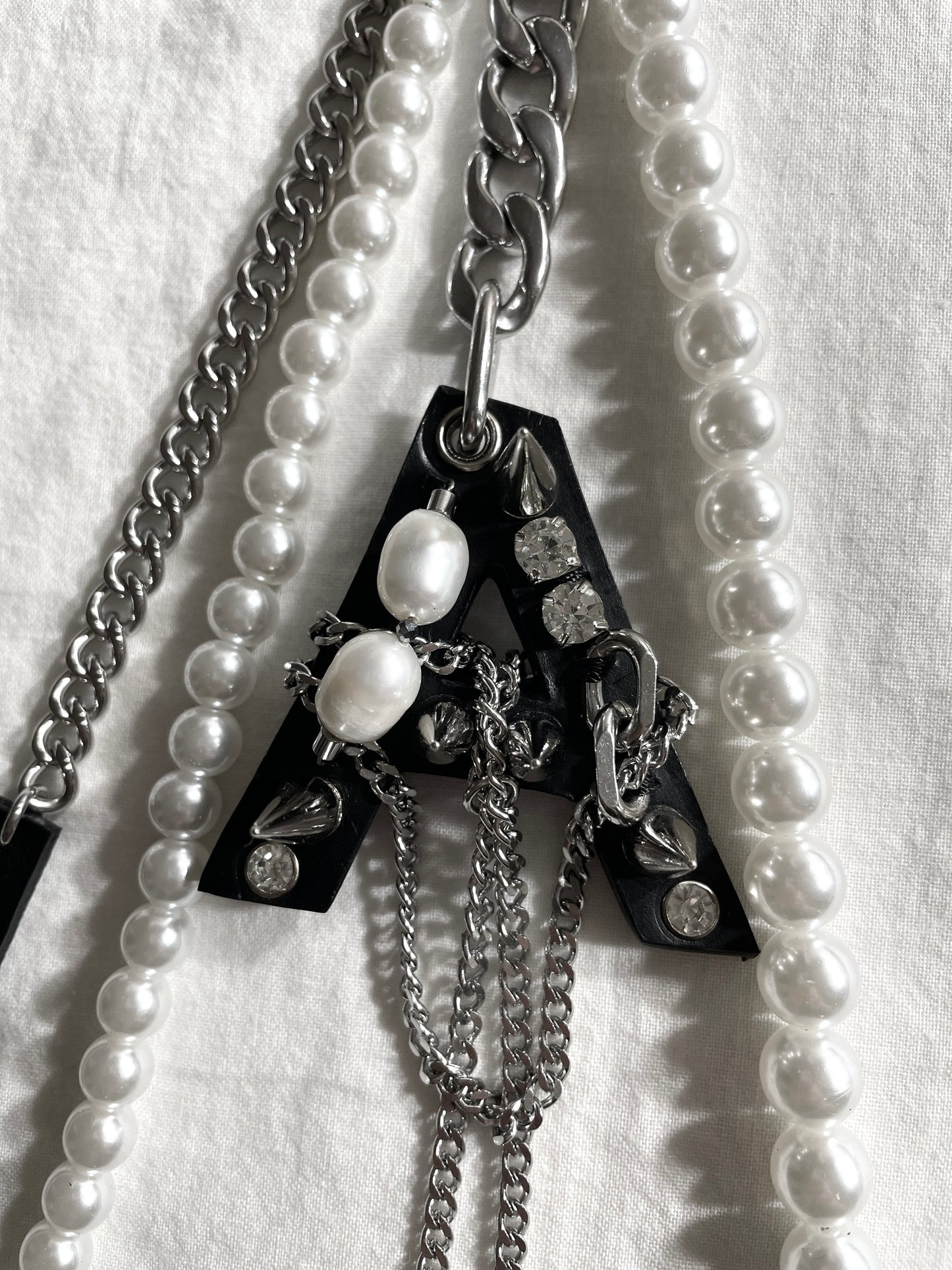 NP7-A Pants Chain Initial A Pearl leather key Spike Limited Edition Handcrafted - MEKERA STUDIOS