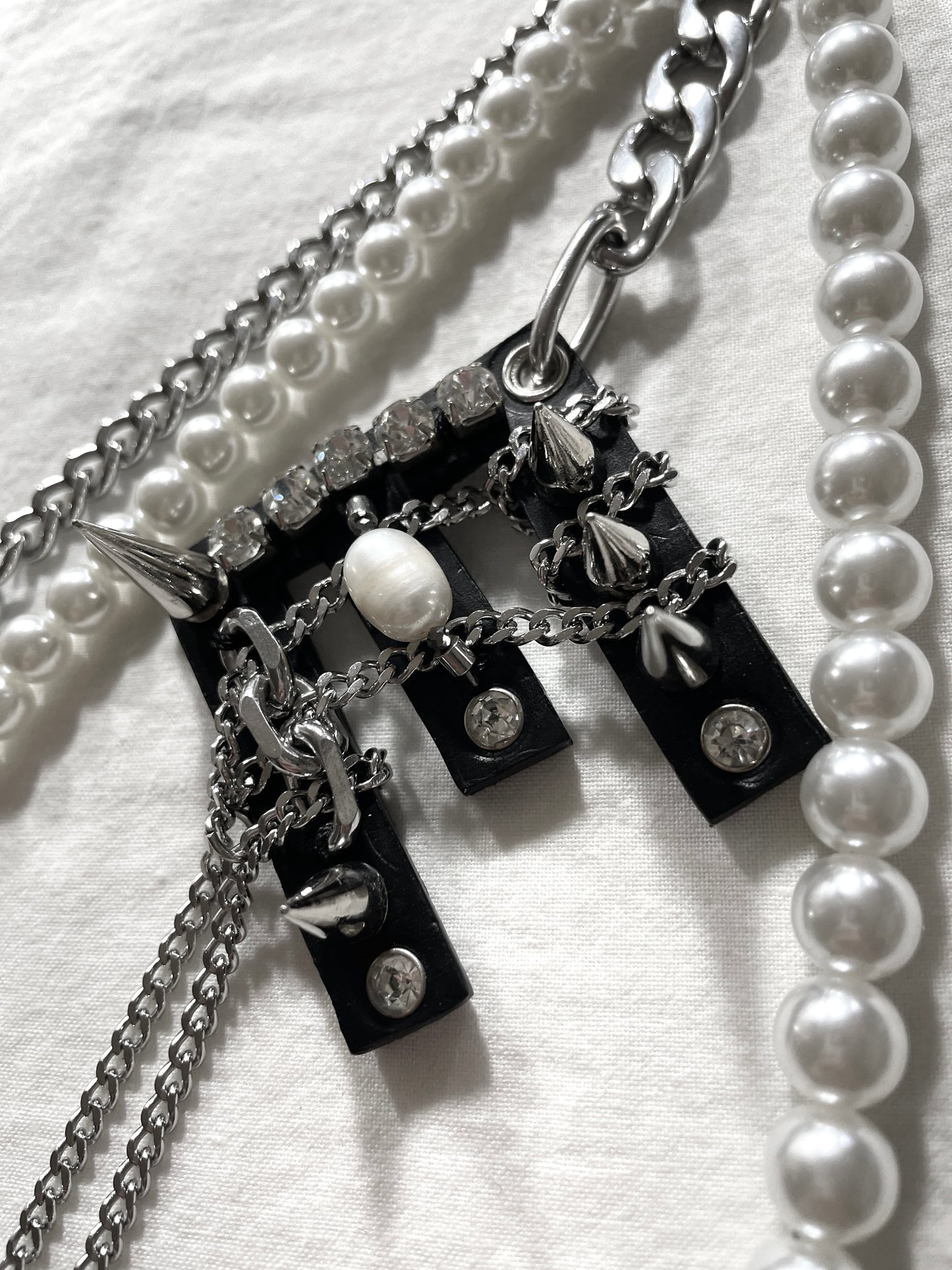 NP7-E Pants Chain Initial E Pearl leather key Spike Limited Edition Handcrafted - MEKERA STUDIOS