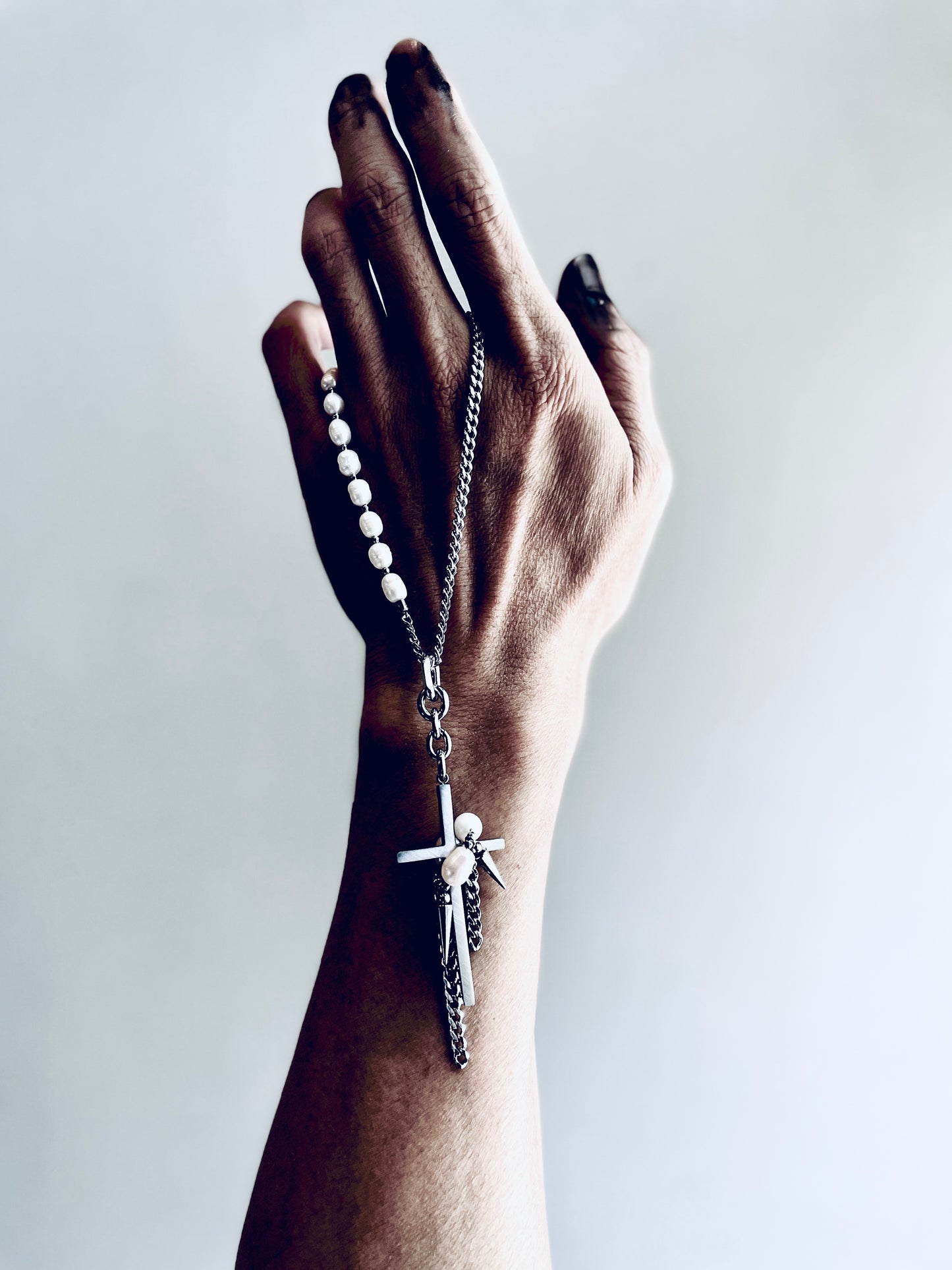 Collection [G]-2 Cross Pearl Spike Necklace - MEKERA STUDIOS