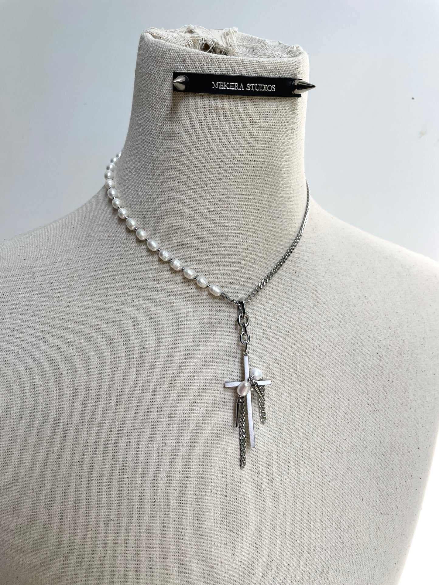 Collection [G]-2 Cross Pearl Spike Necklace - MEKERA STUDIOS