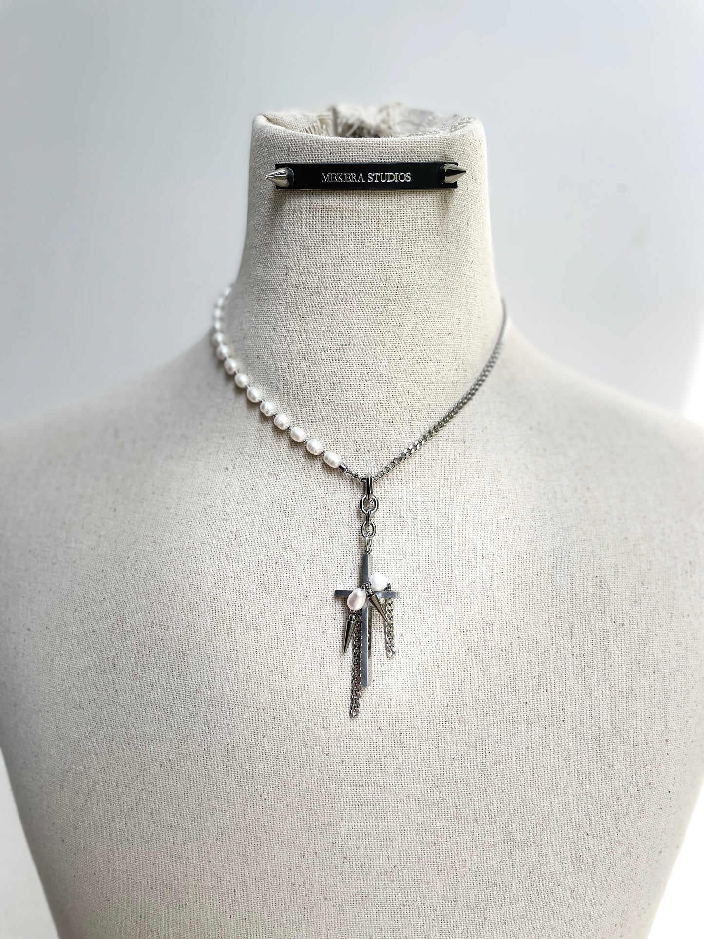 Collection [G]-2 Cross Pearl Spike Necklace - MEKERA STUDIOS