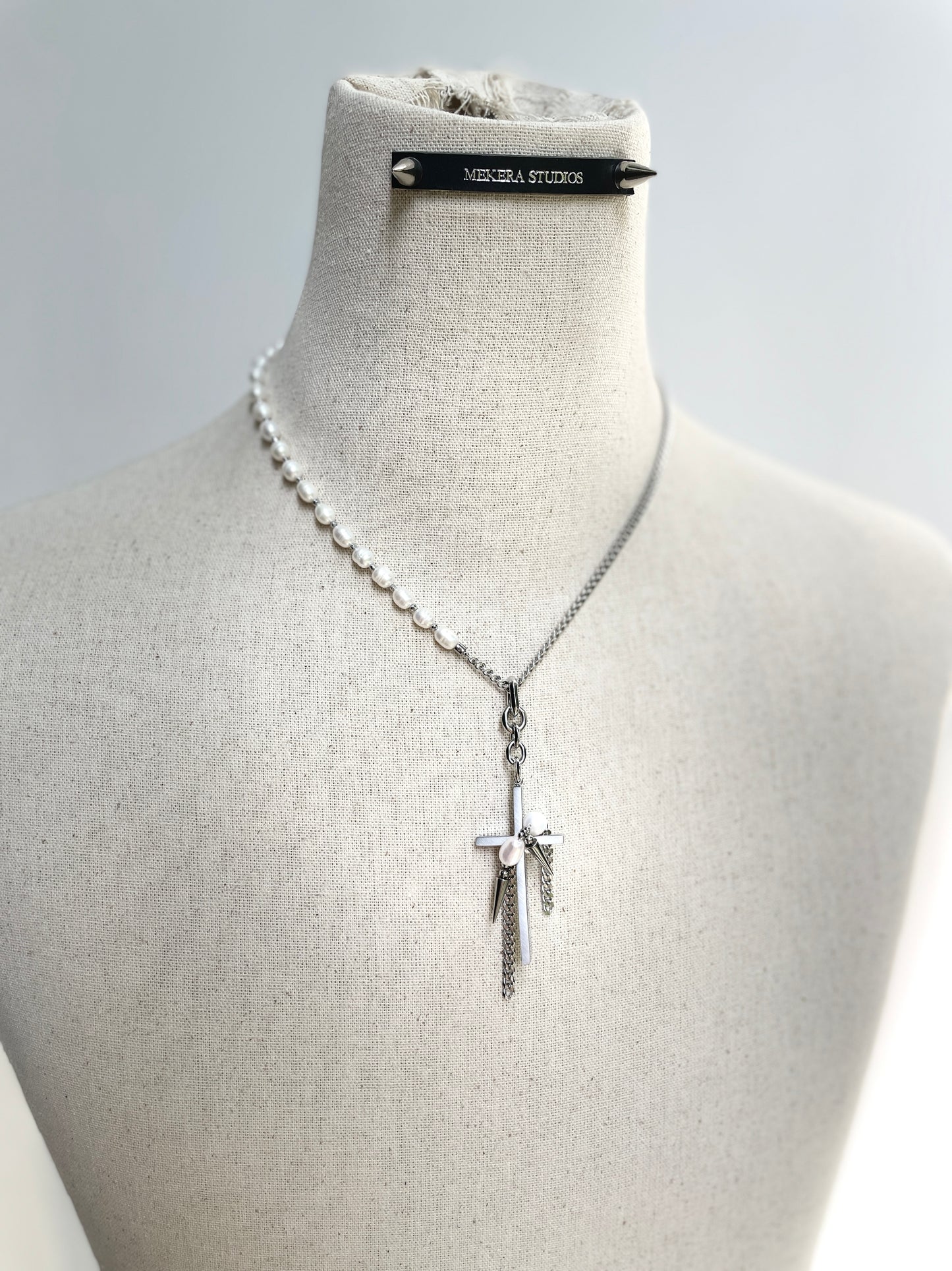 Collection [G]-2 Cross Pearl Spike Necklace - MEKERA STUDIOS