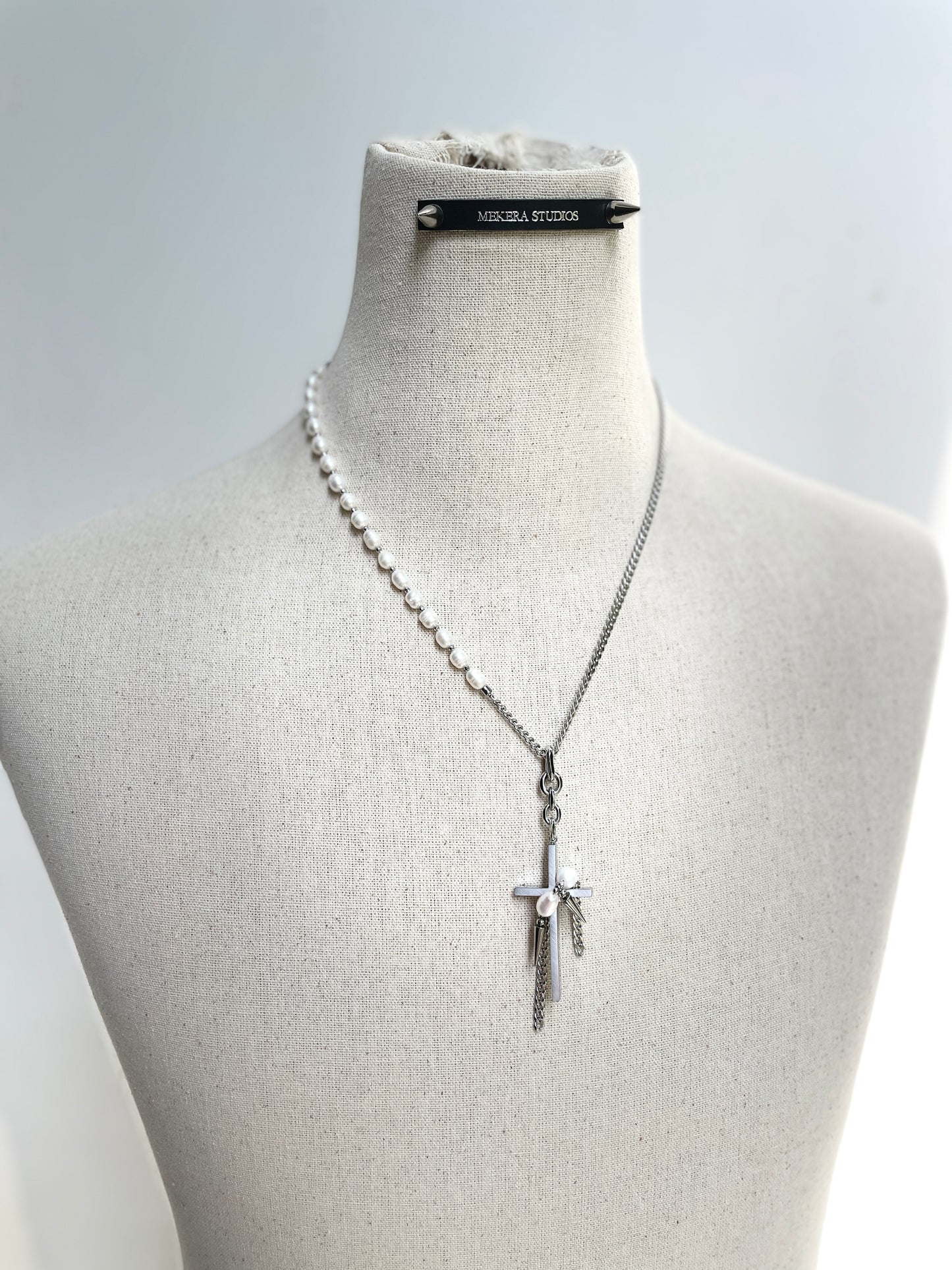 Collection [G]-2 Cross Pearl Spike Necklace - MEKERA STUDIOS