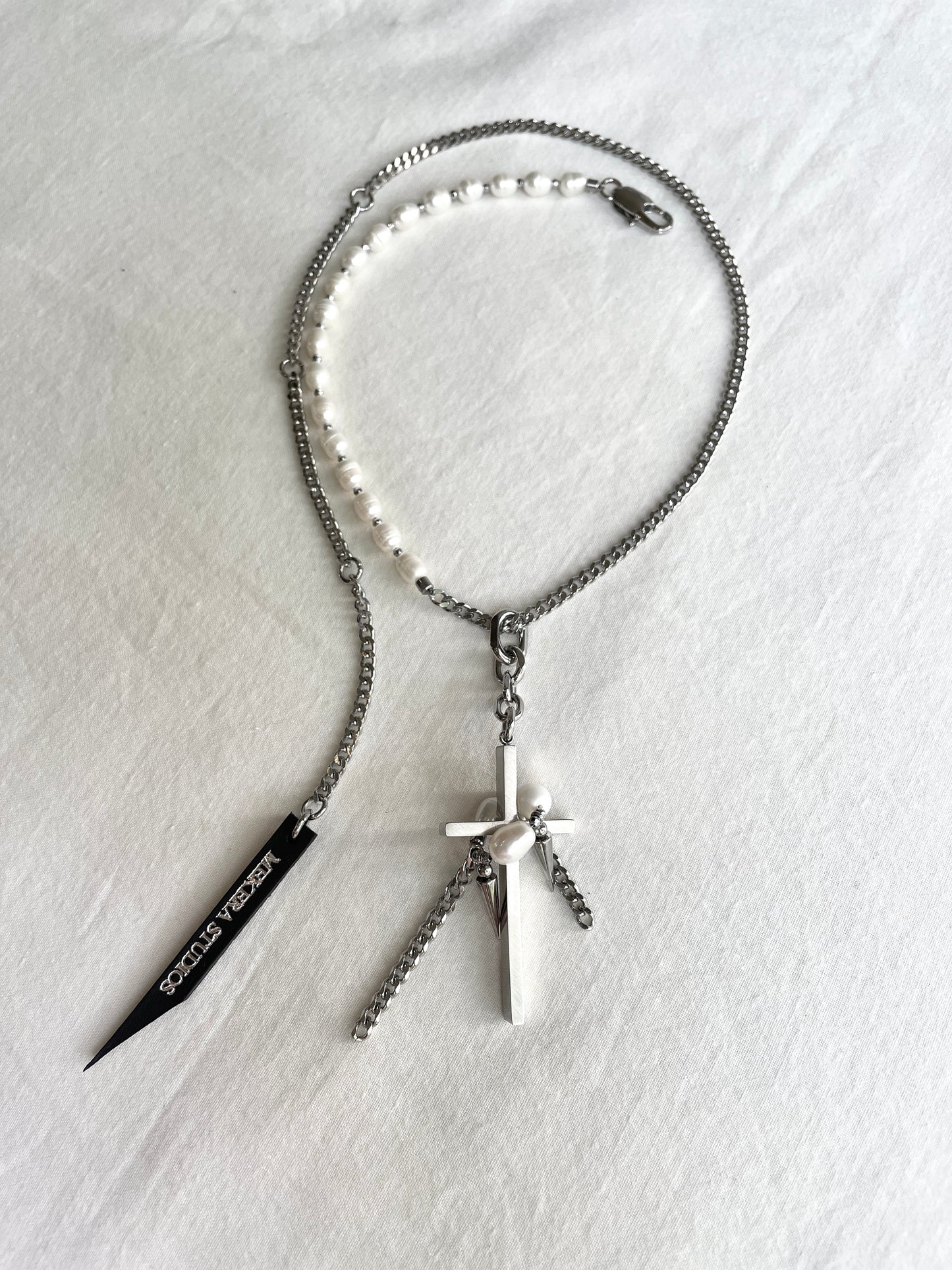 Collection [G]-2 Cross Pearl Spike Necklace - MEKERA STUDIOS