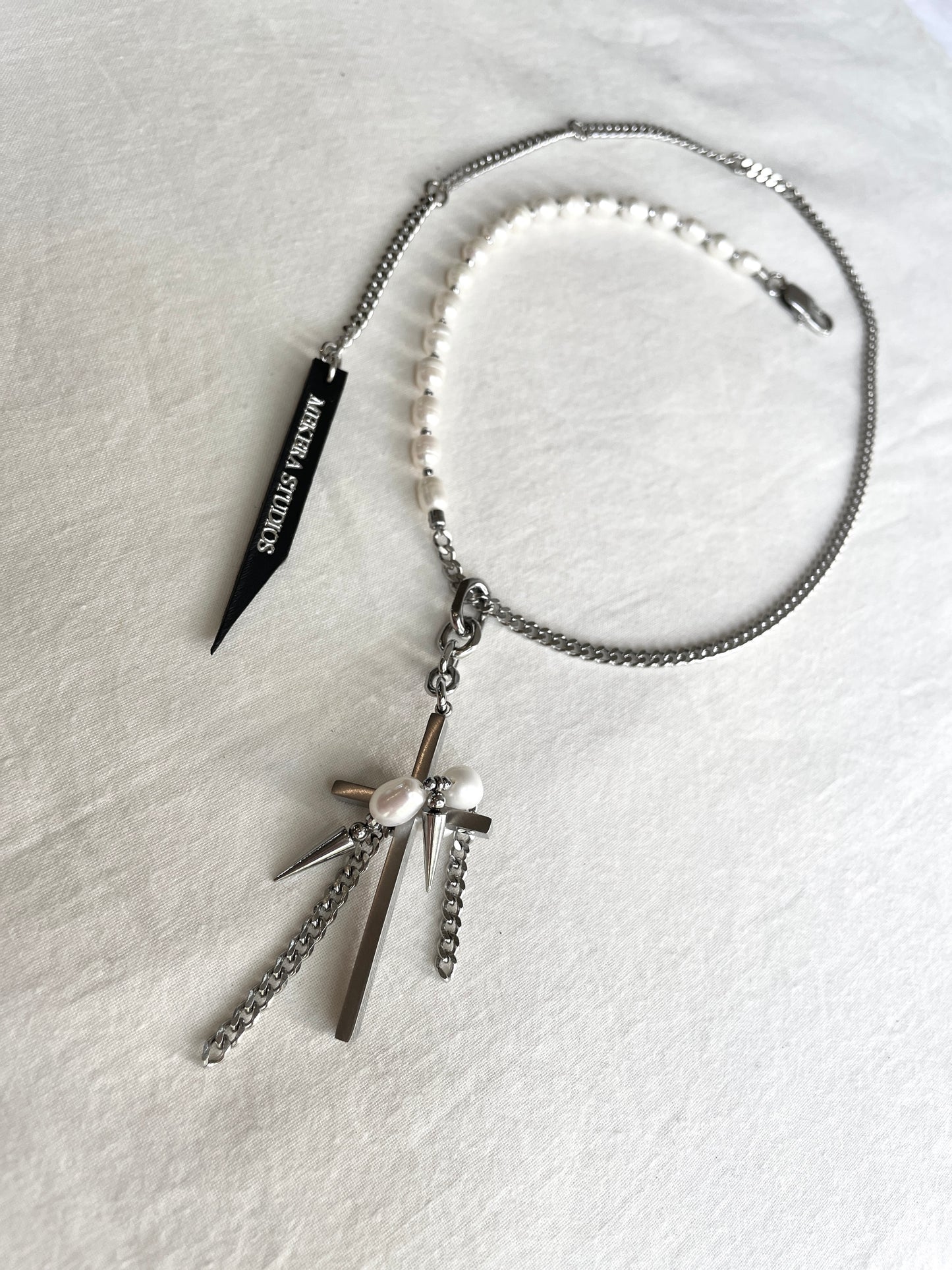 Collection [G]-2 Cross Pearl Spike Necklace - MEKERA STUDIOS