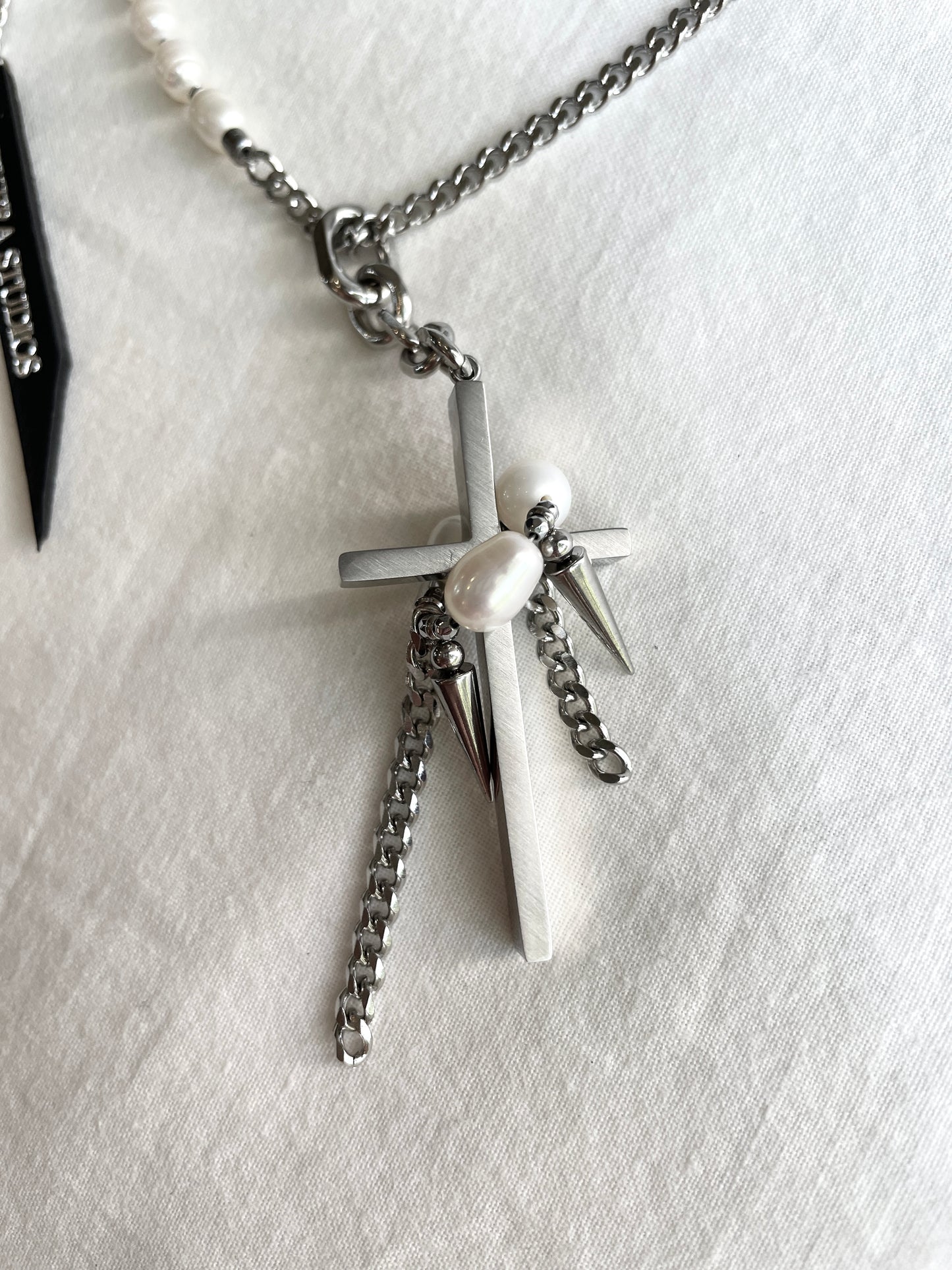 Collection [G]-2 Cross Pearl Spike Necklace - MEKERA STUDIOS