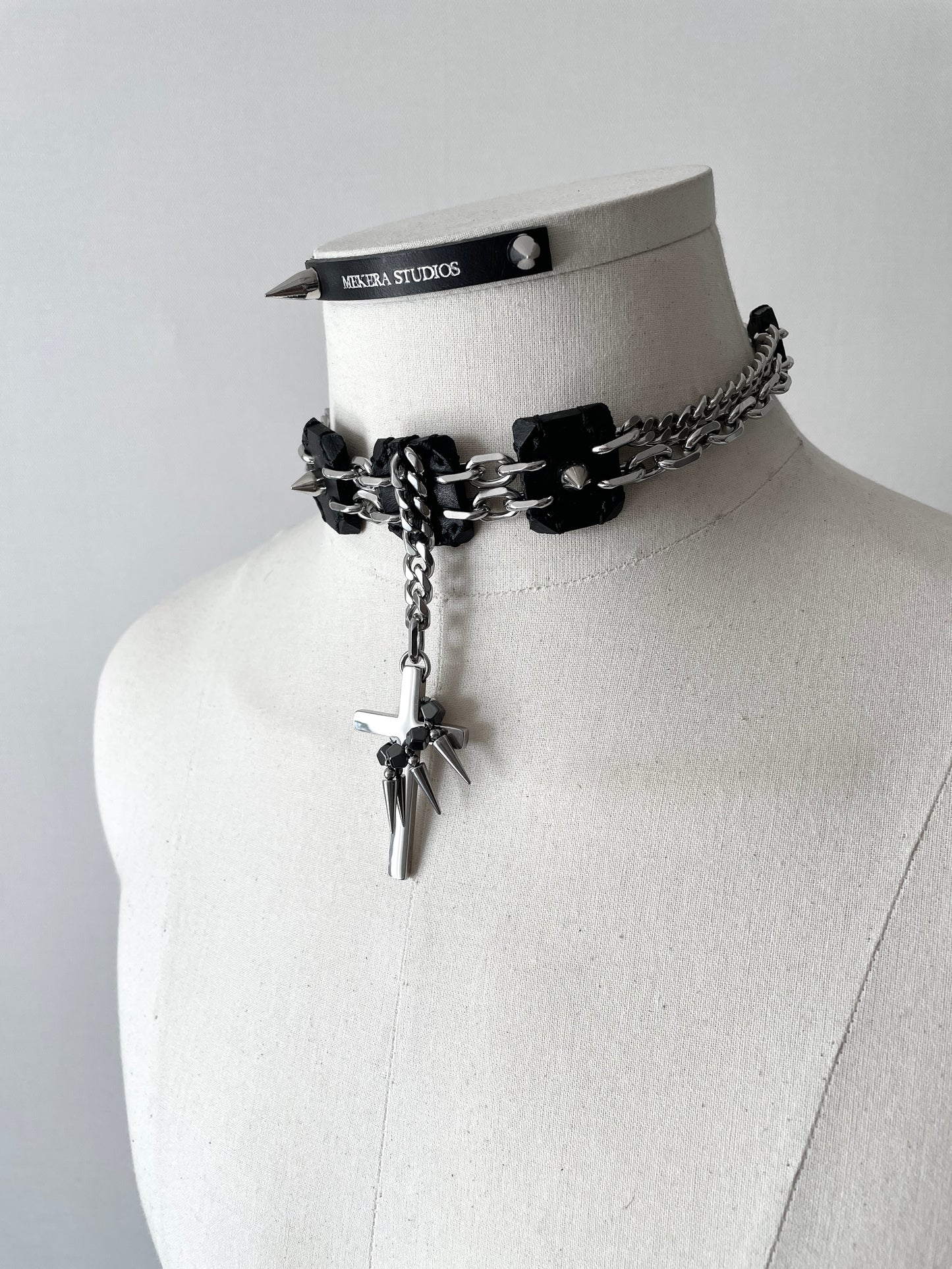 Collection [G]-7 Cross Leather Spike Choker - MEKERA STUDIOS