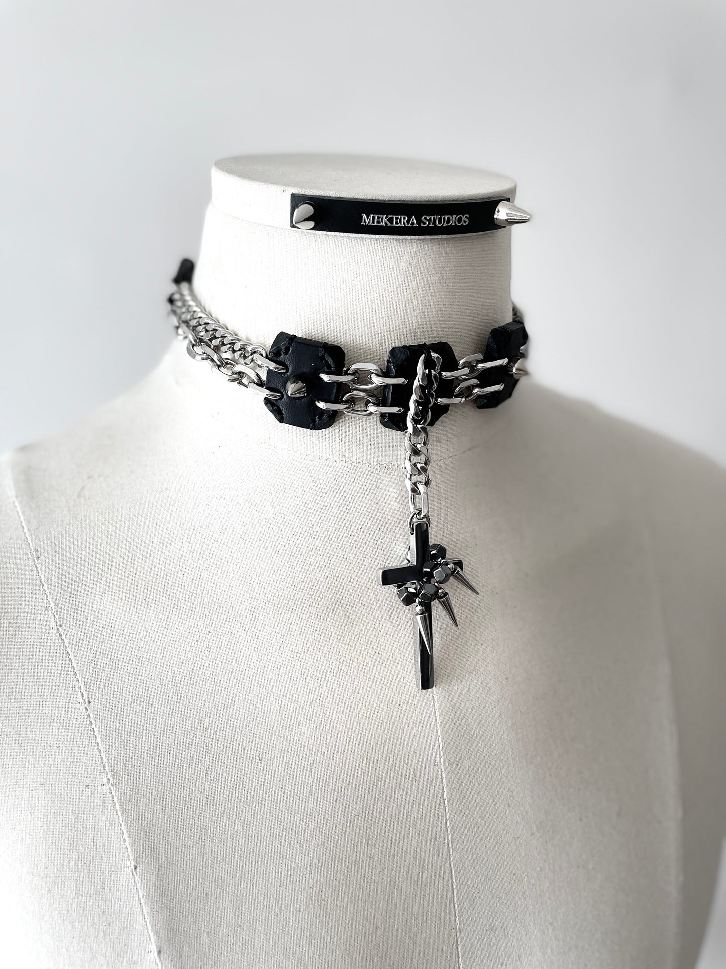 Collection [G]-7 Cross Leather Spike Choker - MEKERA STUDIOS