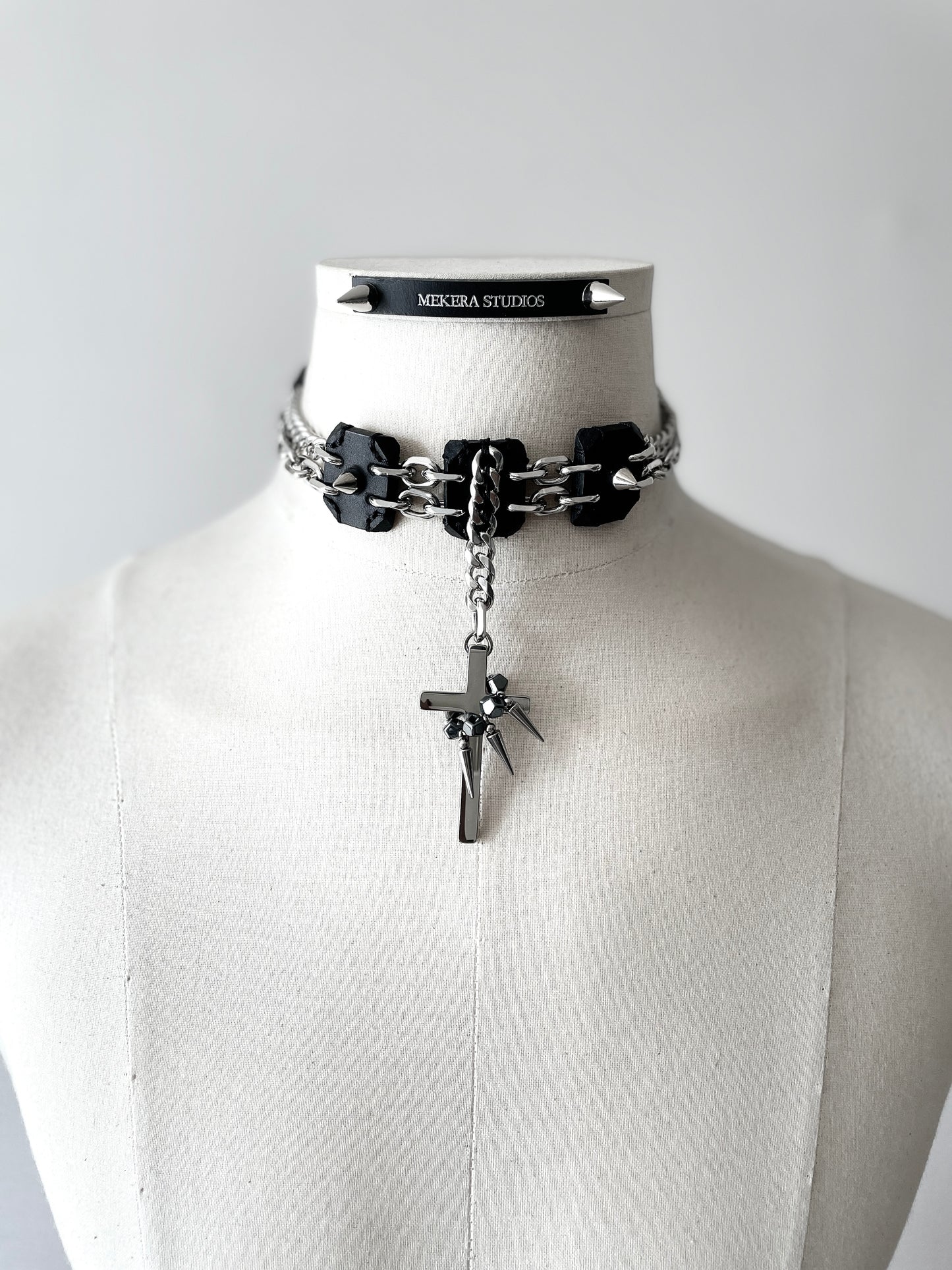 Collection [G]-7 Cross Leather Spike Choker - MEKERA STUDIOS