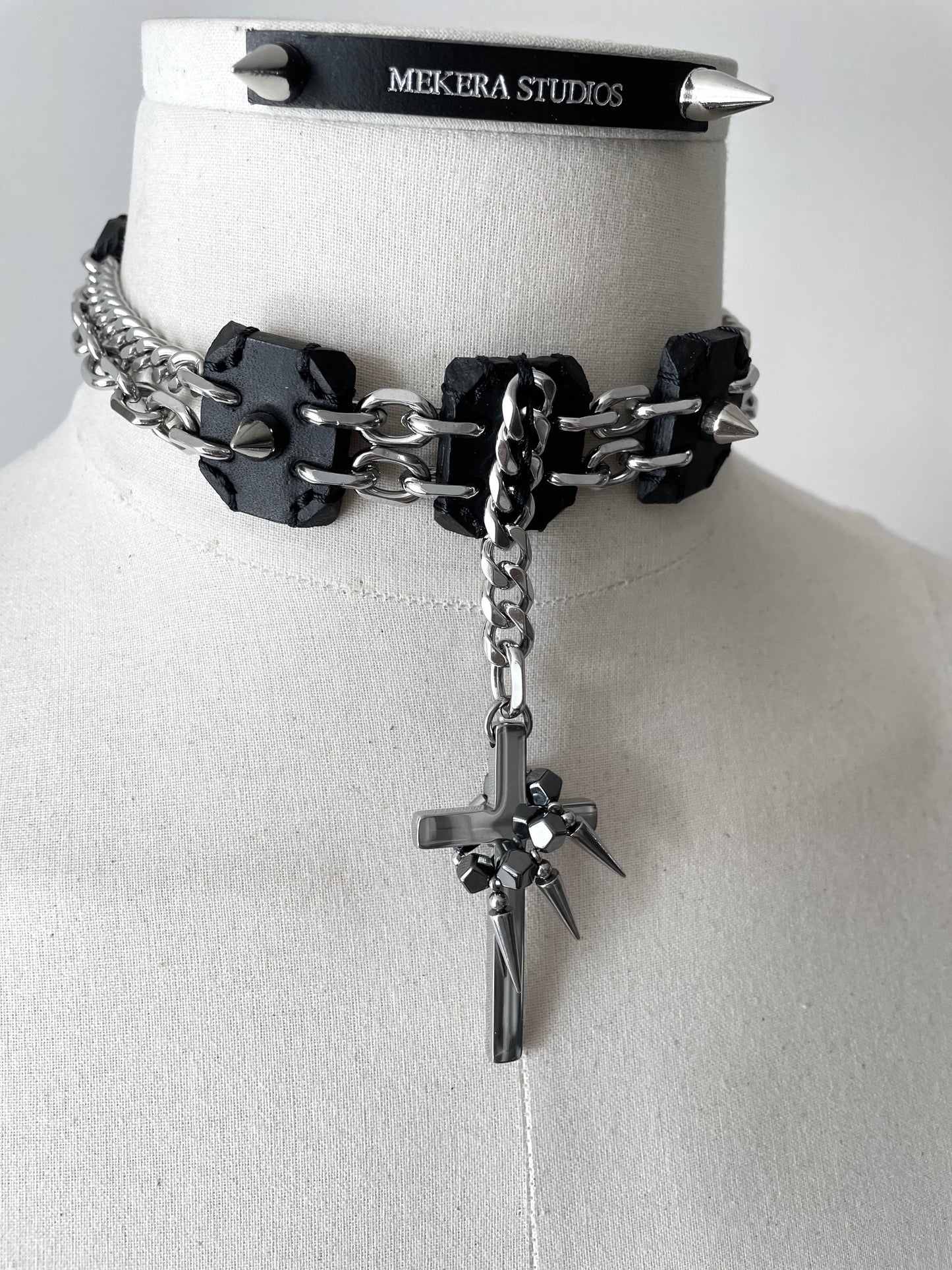 Collection [G]-7 Cross Leather Spike Choker - MEKERA STUDIOS