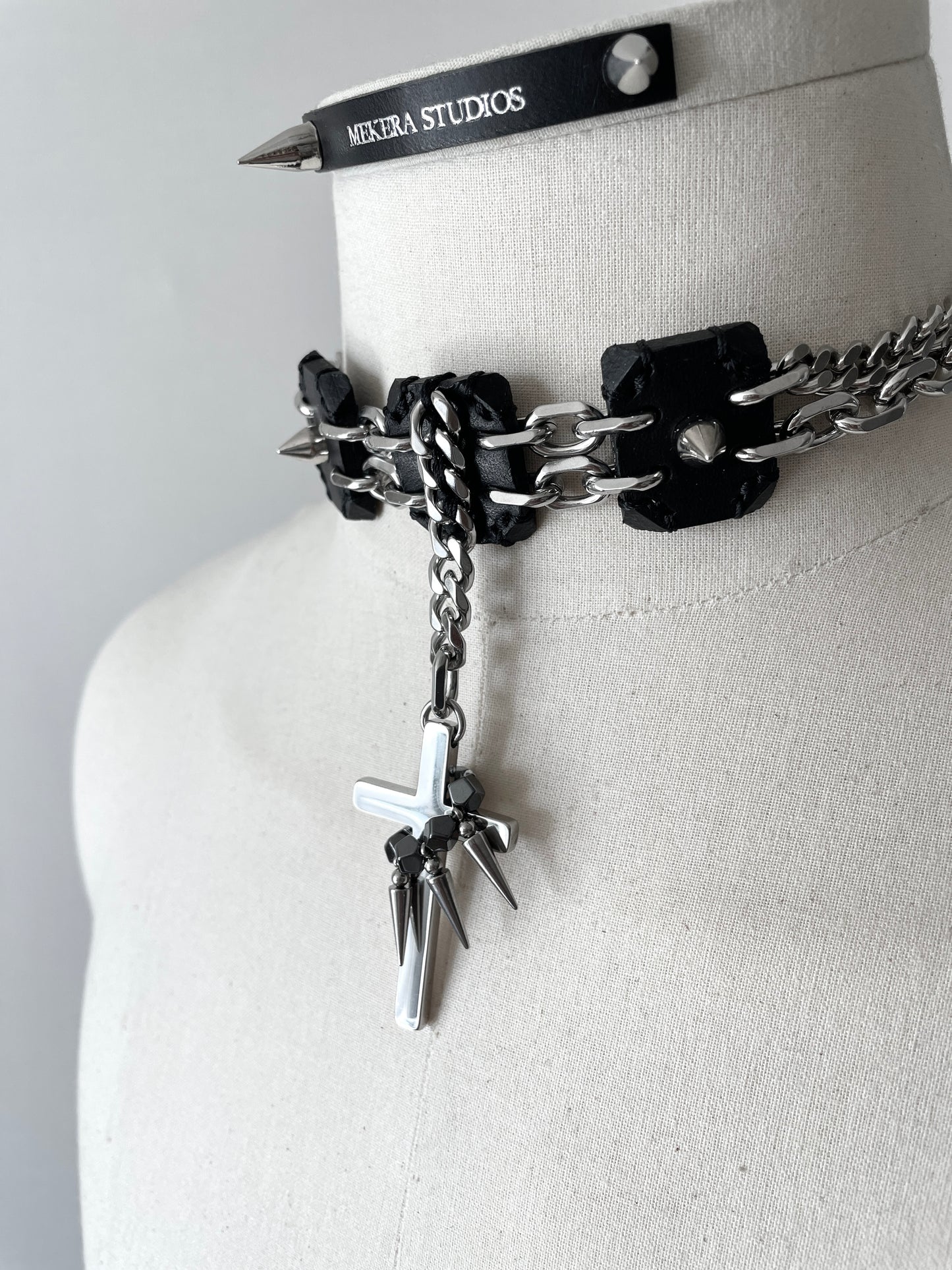 Collection [G]-7 Cross Leather Spike Choker - MEKERA STUDIOS