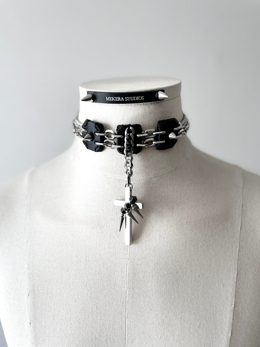 Collection [G]-7 Cross Leather Spike Choker - MEKERA STUDIOS