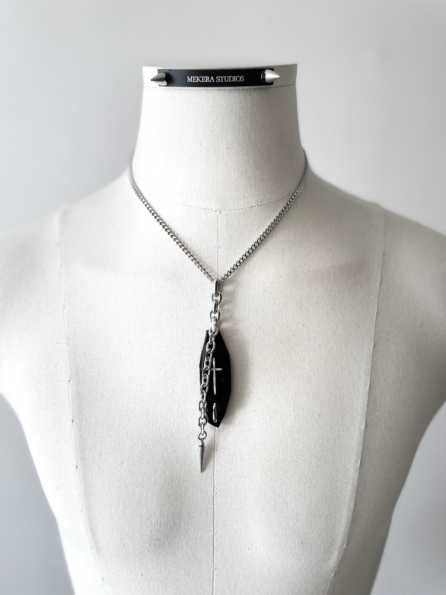 Collection [G]-8 Cross Leather Spike Necklace - MEKERA STUDIOS