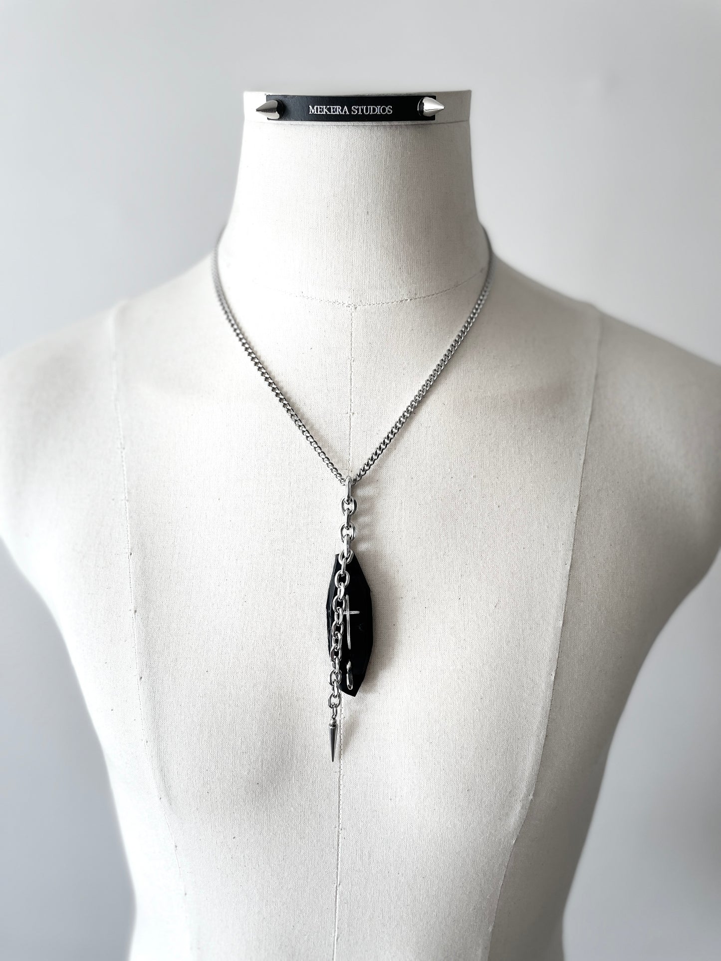 Collection [G]-8 Cross Leather Spike Necklace - MEKERA STUDIOS