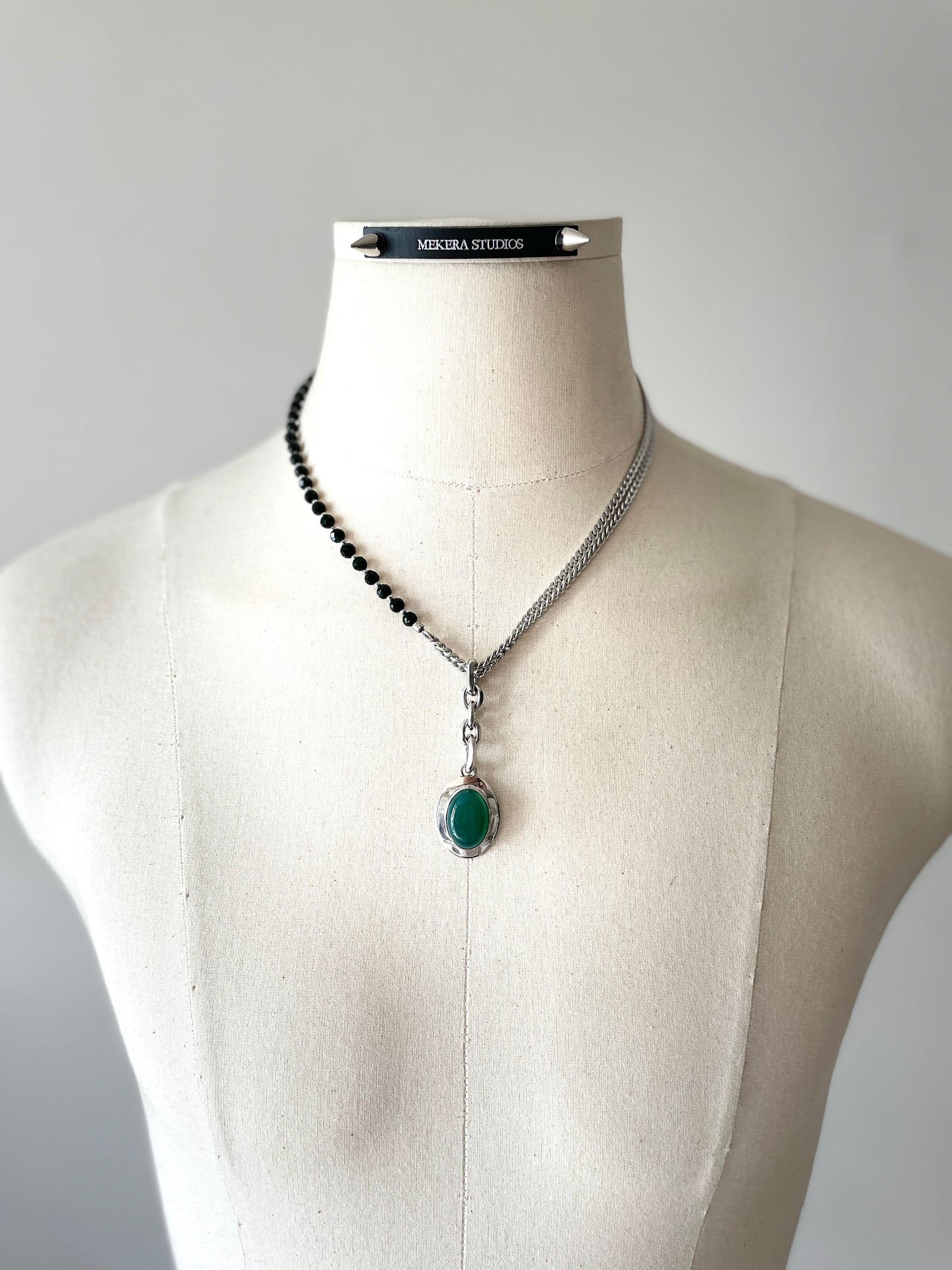 Collection [G]-9 Green Onyx Silver Pendant Necklace - MEKERA STUDIOS