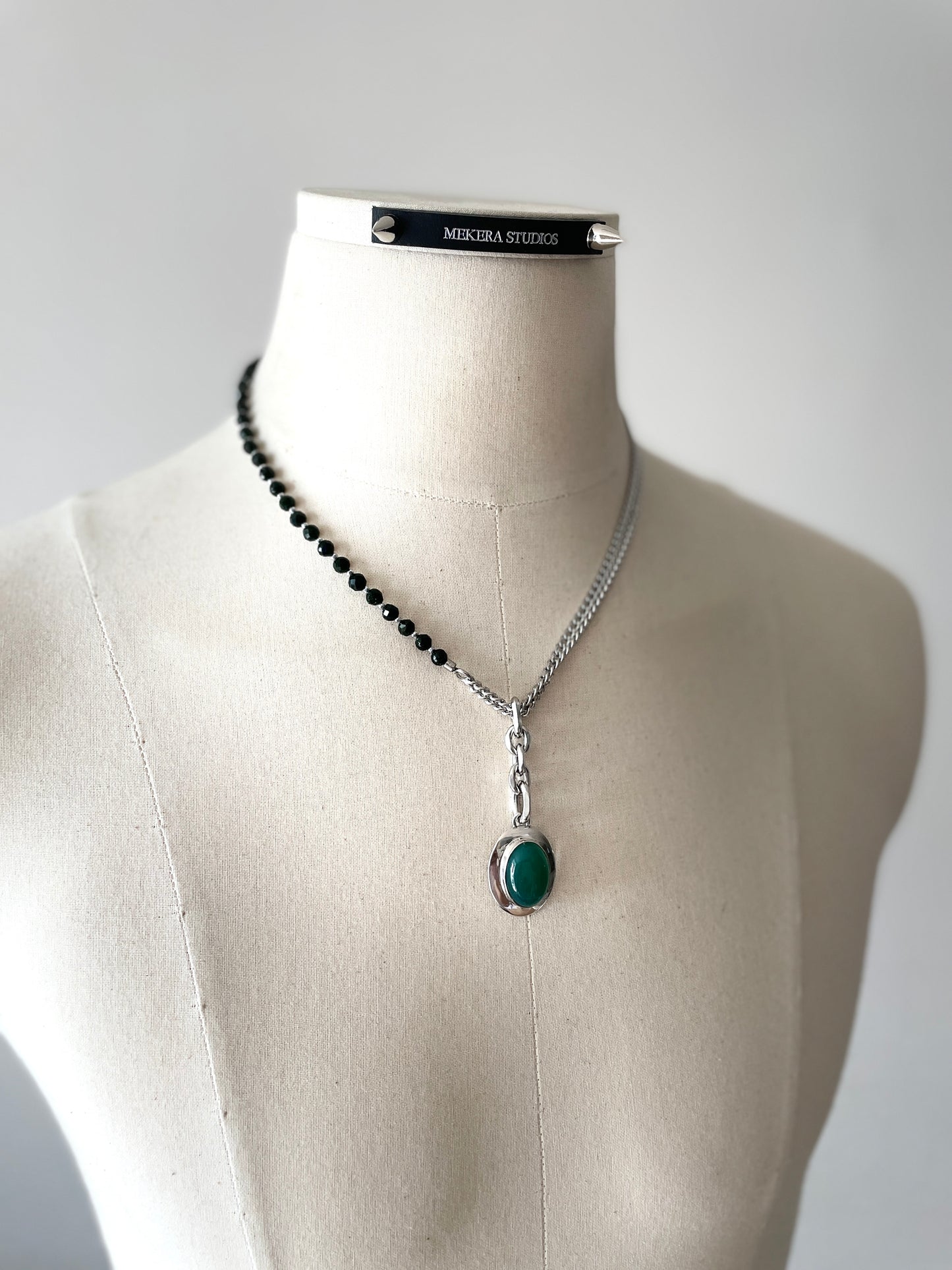 Collection [G]-9 Green Onyx Silver Pendant Necklace - MEKERA STUDIOS