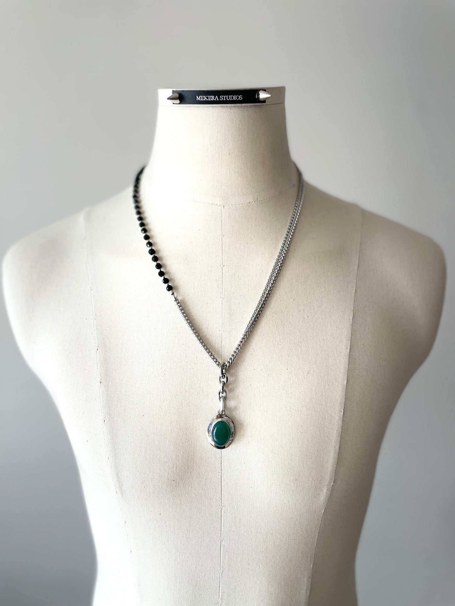 Collection [G]-9 Green Onyx Silver Pendant Necklace - MEKERA STUDIOS