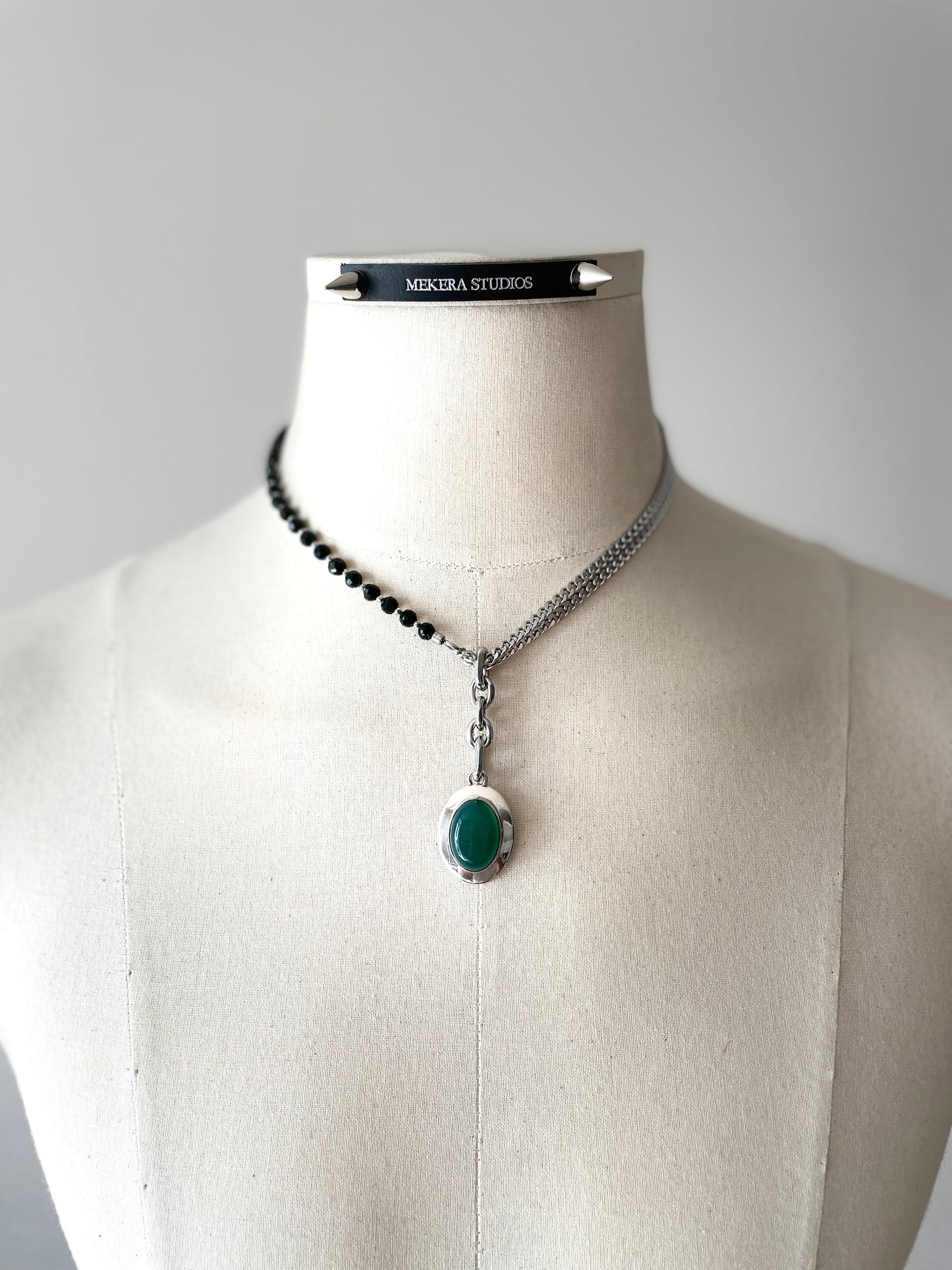 Collection [G]-9 Green Onyx Silver Pendant Necklace - MEKERA STUDIOS