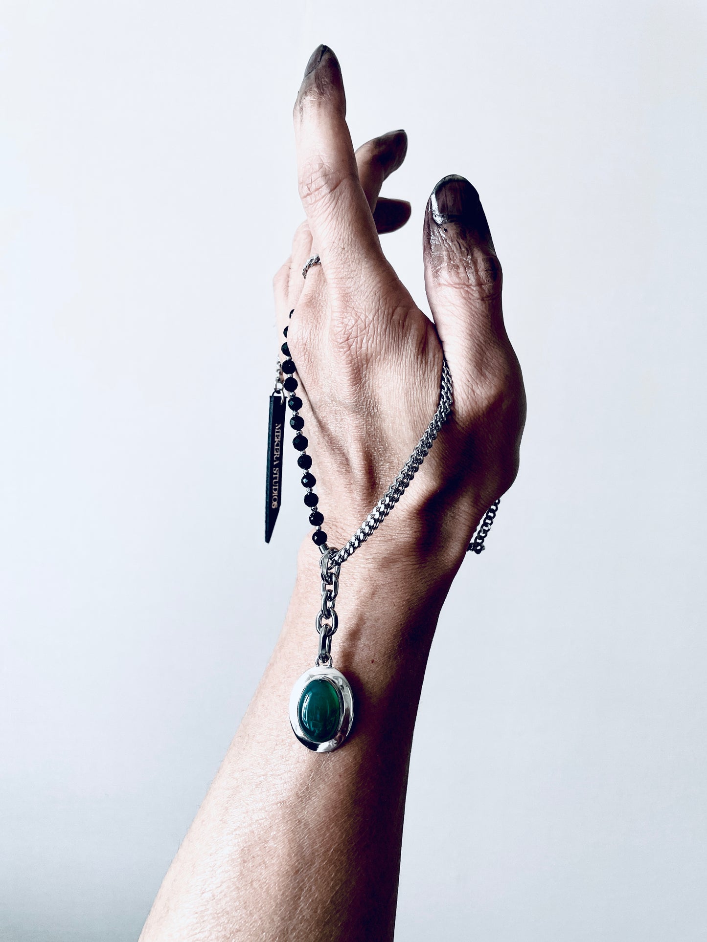 Collection [G]-9 Green Onyx Silver Pendant Necklace - MEKERA STUDIOS
