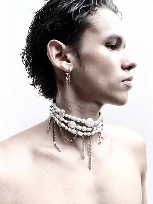 PL2 Pearl & Leather Choker  Limited Edition Handcrafted Necklace Choker Spike -MEKERA STUDIOS