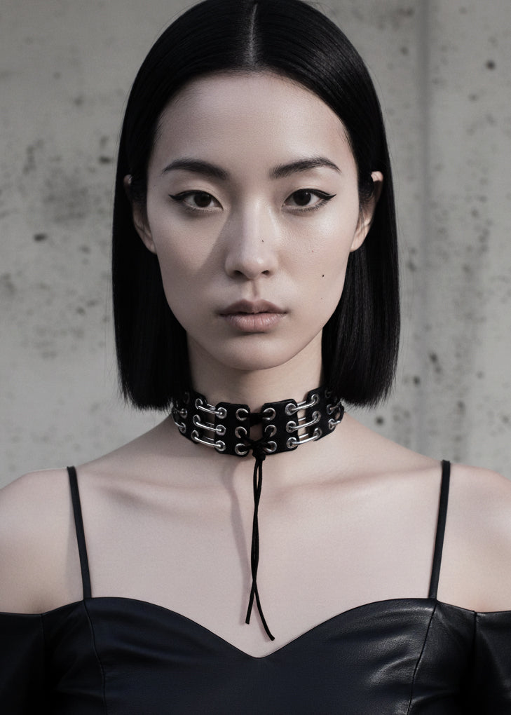 NP4 Black Corset Leather Choker Limited Edition Handcrafted - MEKERA STUDIOS