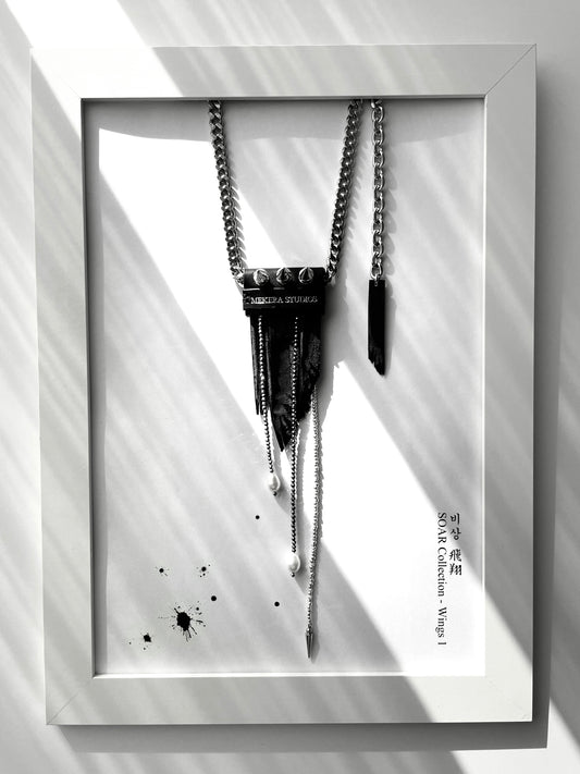 Wings1 - SOAR collection Pearl Spike Leather Limited Edition Handcrafted Necklace - MEKERA STUDIOS