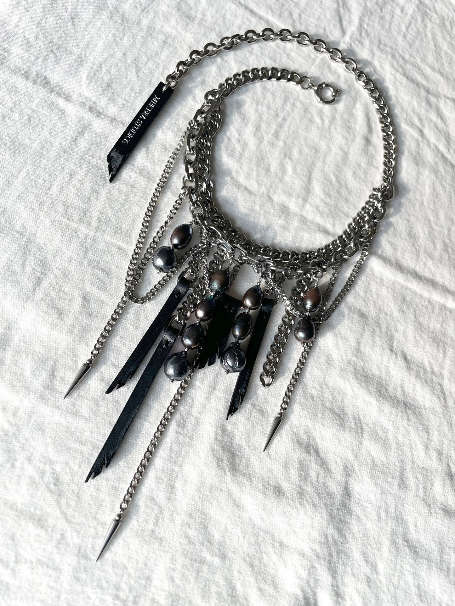 Wings6 - SOAR collection Black Pearl Spike Leather  Necklace Limited Edition Handcrafted - MEKERA STUDIOS