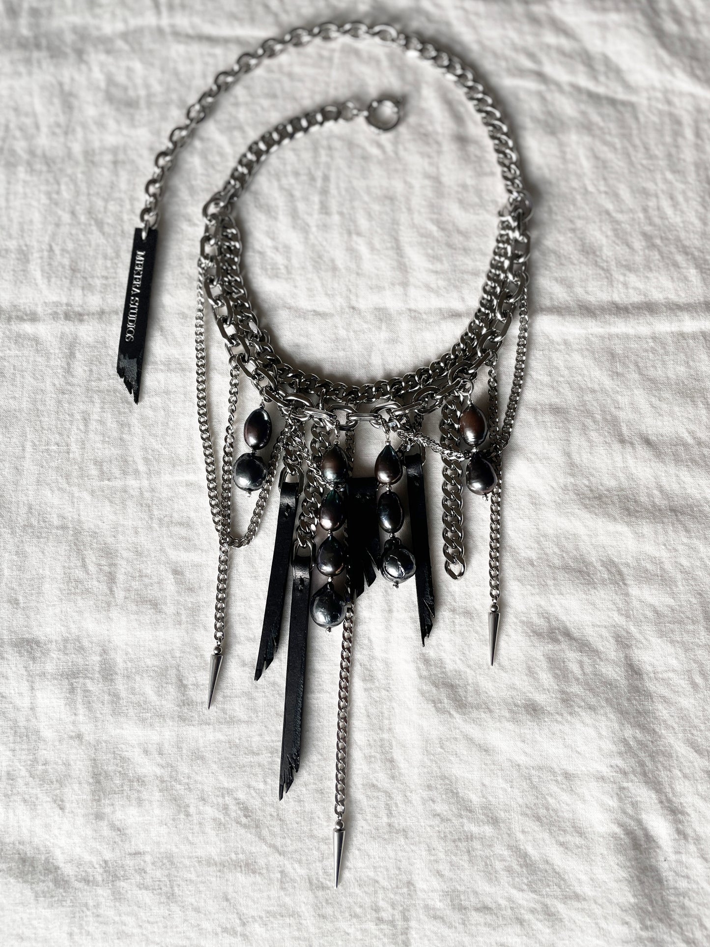 Wings6 - SOAR collection Black Pearl Spike Leather  Necklace Limited Edition Handcrafted - MEKERA STUDIOS