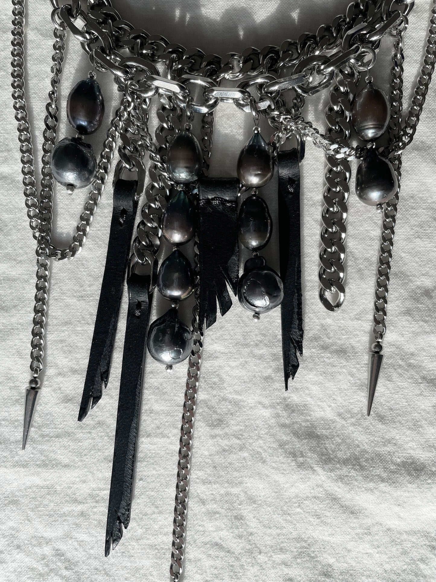 Wings6 - SOAR collection Black Pearl Spike Leather  Necklace Limited Edition Handcrafted - MEKERA STUDIOS