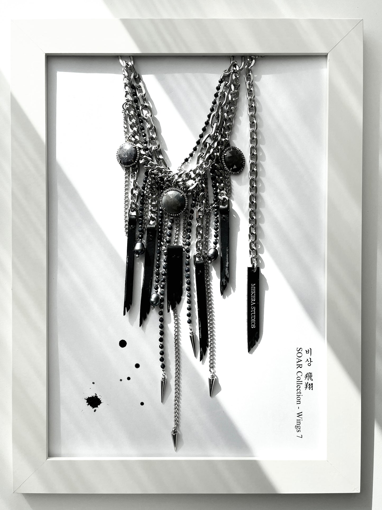 Wings7 - SOAR collection Sapphire Black Pearl Spike Leather  Necklace Limited Edition Handcrafted - MEKERA STUDIOS